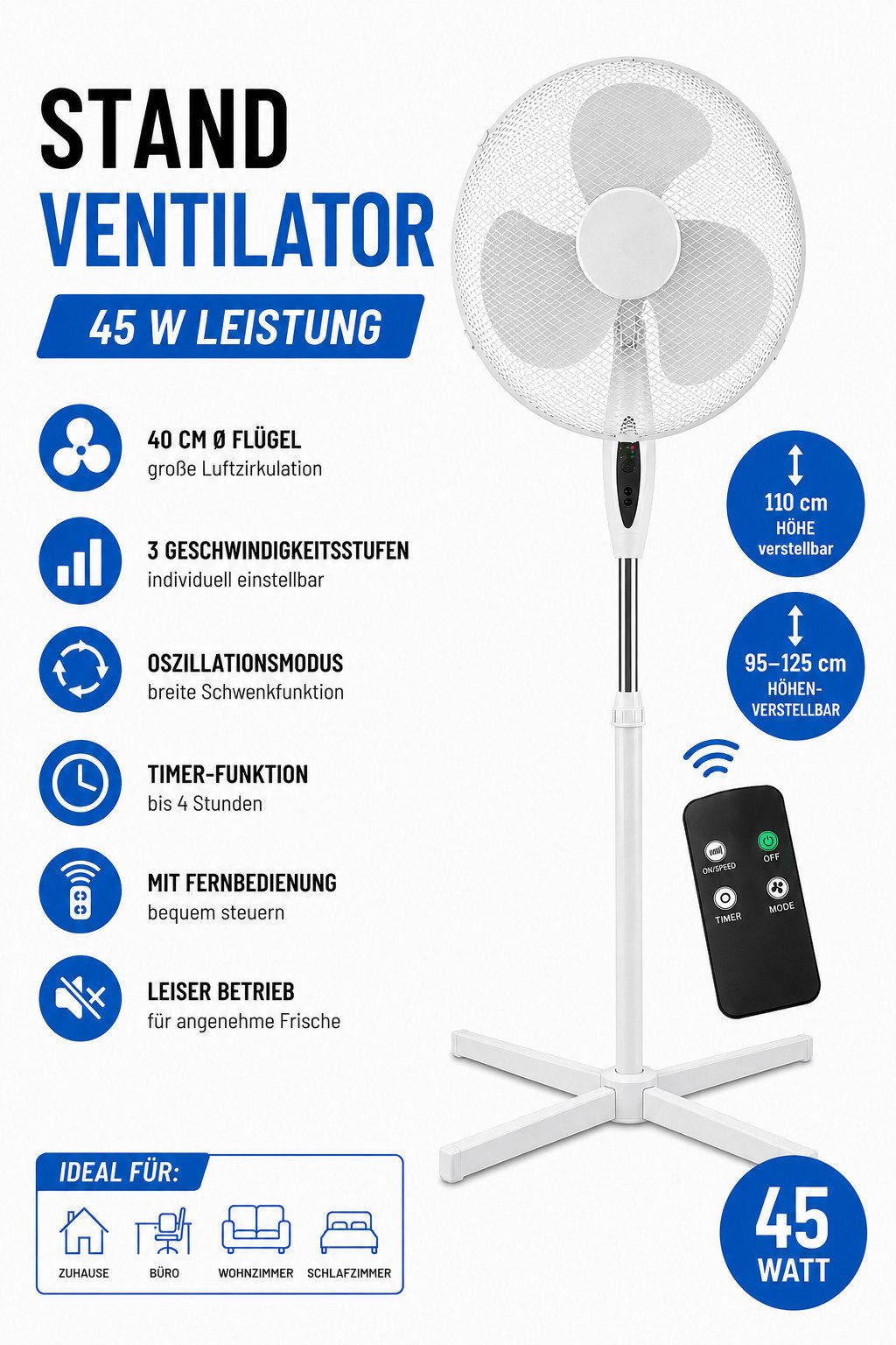 Ertex Standventilator Standventilator Ventilator 45 W, höhe bis 125cm + Fernbedienung 4
