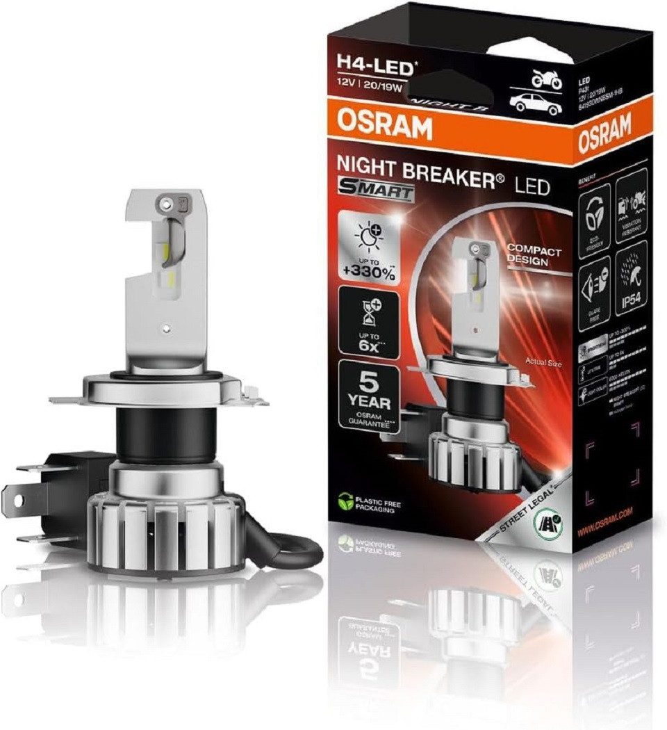 Osram KFZ-Ersatzleuchte NIGHT BREAKER LED SMART H4, H4, 1 St., Kaltweiß, Bis zu 330% mehr Helligkeit & 6.000K