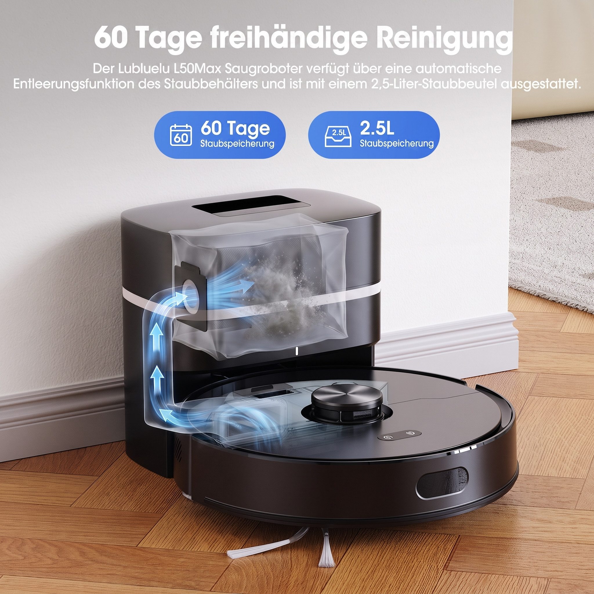 lubluelu Saugroboter L50 MAX mit Wischfunktion Sauger und Wisch Staubsauger 7500pa, 400 W, mit Beutel, Haarschneide-Anti-Verfilzungs-Technologie der Hauptbürste schwarz