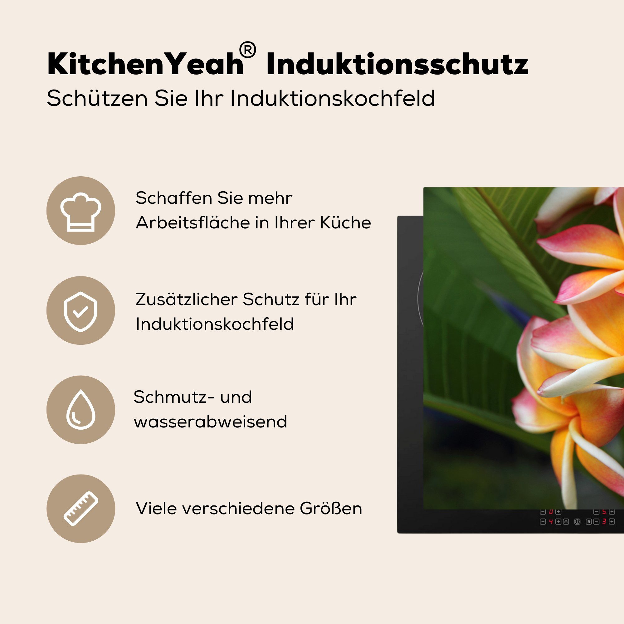 MuchoWow - (1 Blumen tlg), Ceranfeldabdeckung Herdblende-/Abdeckplatte für Vinyl, Schutz 81x52 die Orange, Induktionskochfeld - Plumeria küche, cm,