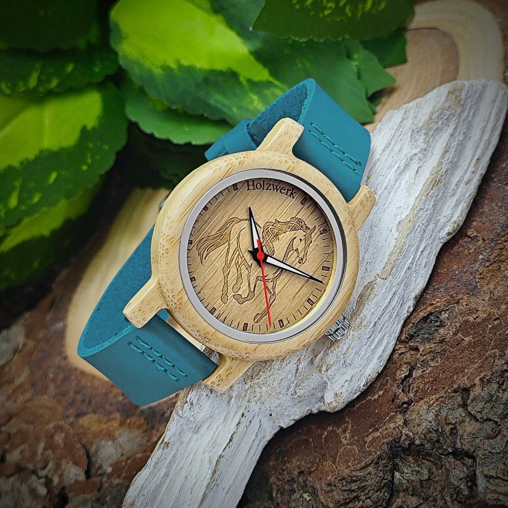 Holzwerk Quarzuhr LIL TORI BLUE Kinder Leder & Holz Armband Uhr, Pferd Motiv, blau