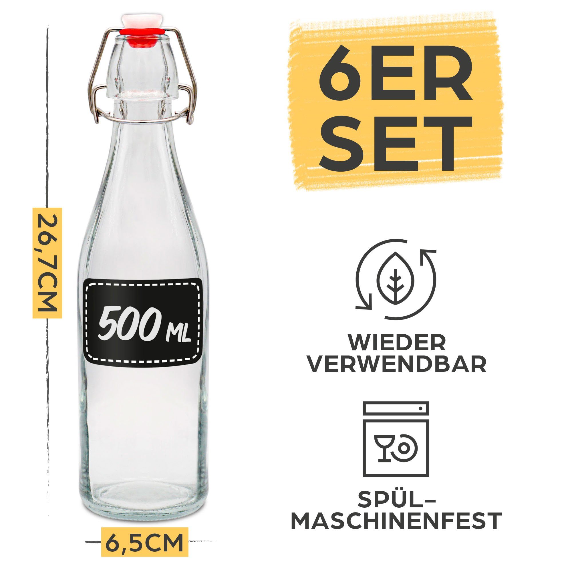 Glasflaschen 6 Extra und 12 Praknu Etiketten Dichtungen Stift 500ml, Trinkflasche Bügelverschluss mit 6 mit