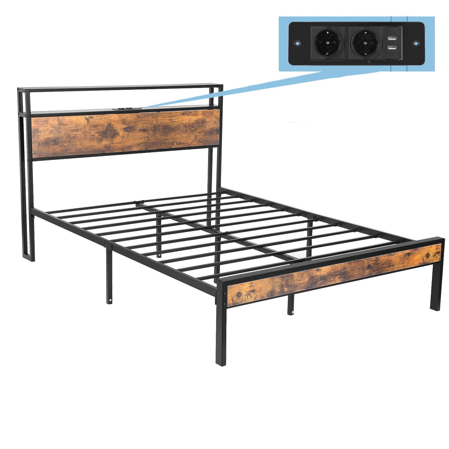 LETGOSPT Bettgestell Doppelbett mit Lattenrost 140x200 cm, Metallbett mit Kopfteil aus Holz, mit Ladefunktion, mit Stauraum unter dem Bett, Ganzmetall-Stützsystem