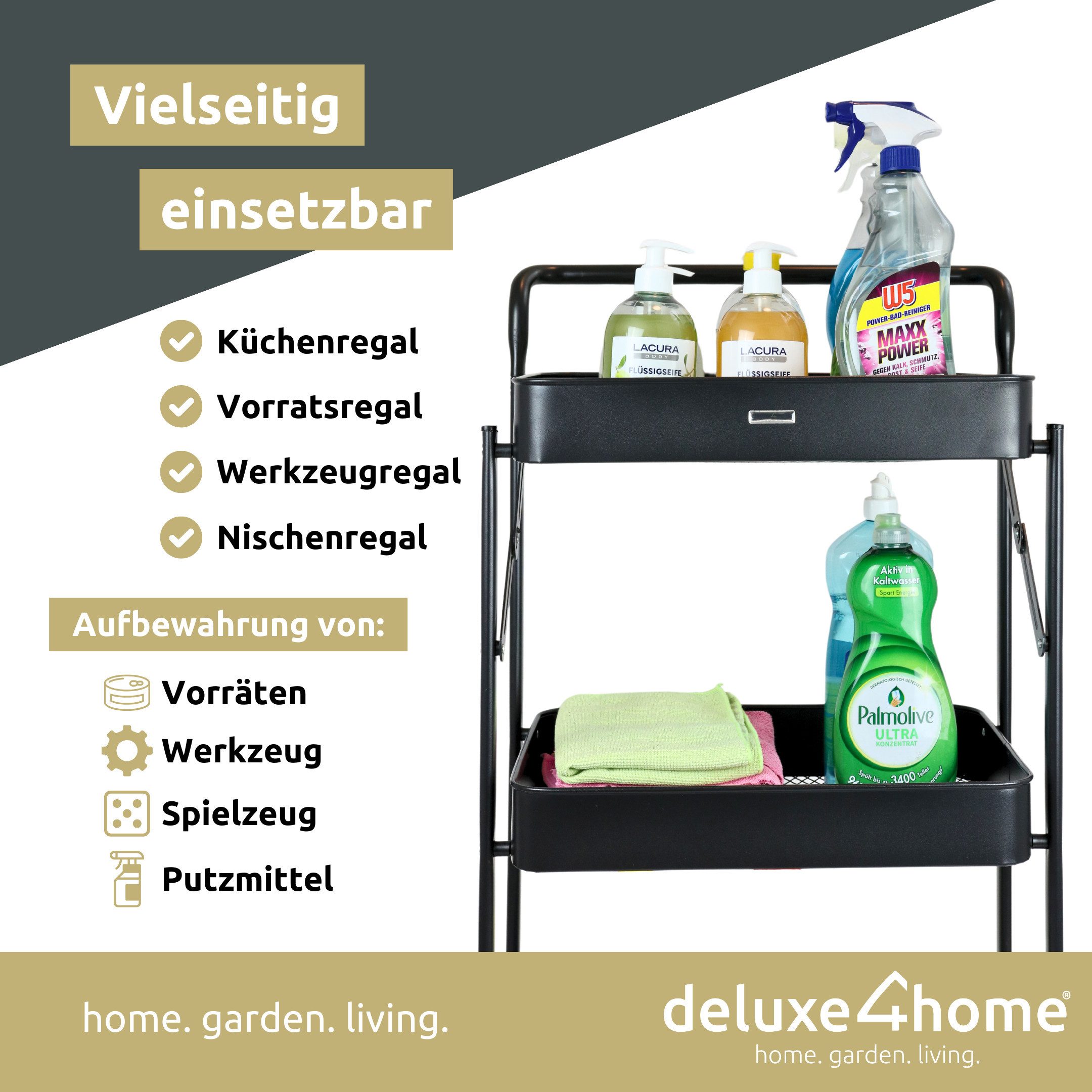 deluxe4home Servierwagen Rollwagen mit 3 Ebenen I Nischenwagen Mehrzweck, Klappbar