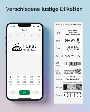 Inateck Mini Selbstklebendes Etikettiergerät Bluetooth Tragbarer Labeldrucker Etikettendrucker, (Tintenlos mit Rolle Gap-Thermopapier)