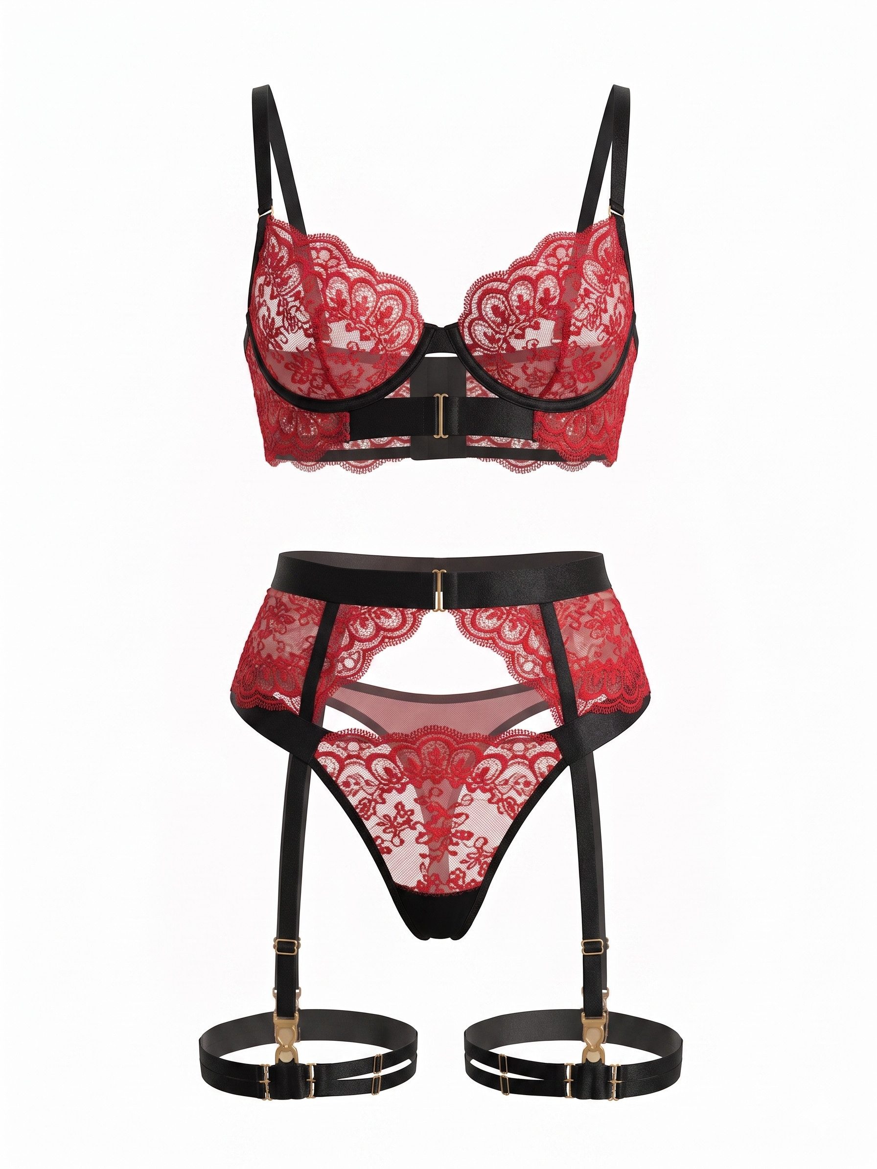 Elegant Love Set: Bügel-BH Damen-Dessous-Set aus bestickter Spitze – Lingerie mit Strumpfhalter (Set, 4-tlg., BH, Strumpfhaltergürtel, Tanga, Beingurt) Luxuriöse Reizwäsche – Sexy Unterwäsche mit goldenen Details