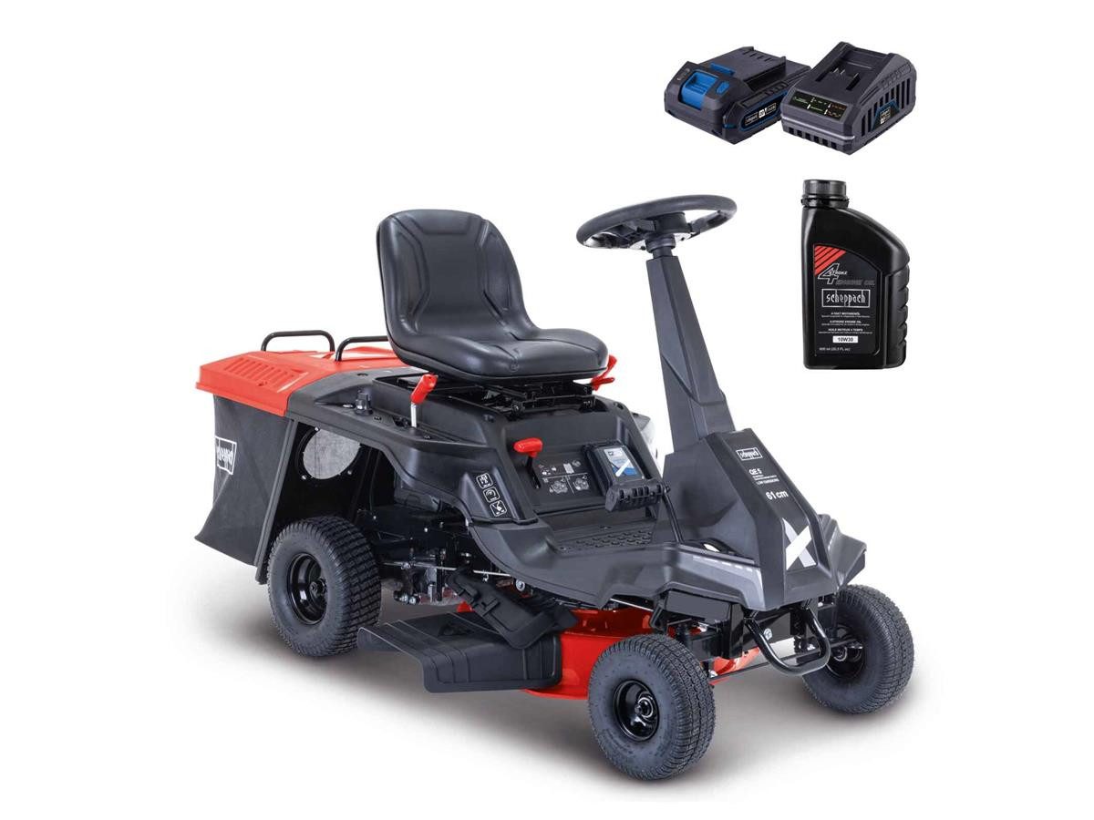 Scheppach Benzinrasenmäher MR230, 61 cm Schnittbreite, (Set, mit Akku und Ladegerät), 224 cm³, 6,0 PS Motorleistung, mit Radantrieb, Hybrid-Start + 0,6 L Öl