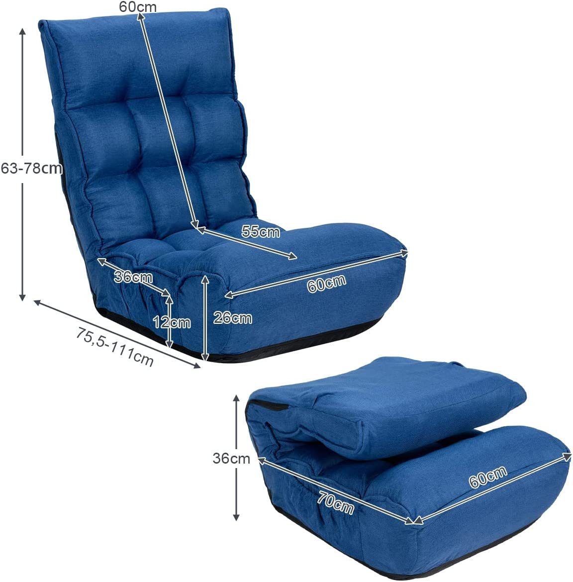 Faltbarer KOMFOTTEU mit Klappstuhl blau verstellbarer verstellbarem Bodenstuhl, Rückenlehne mit Kopf,
