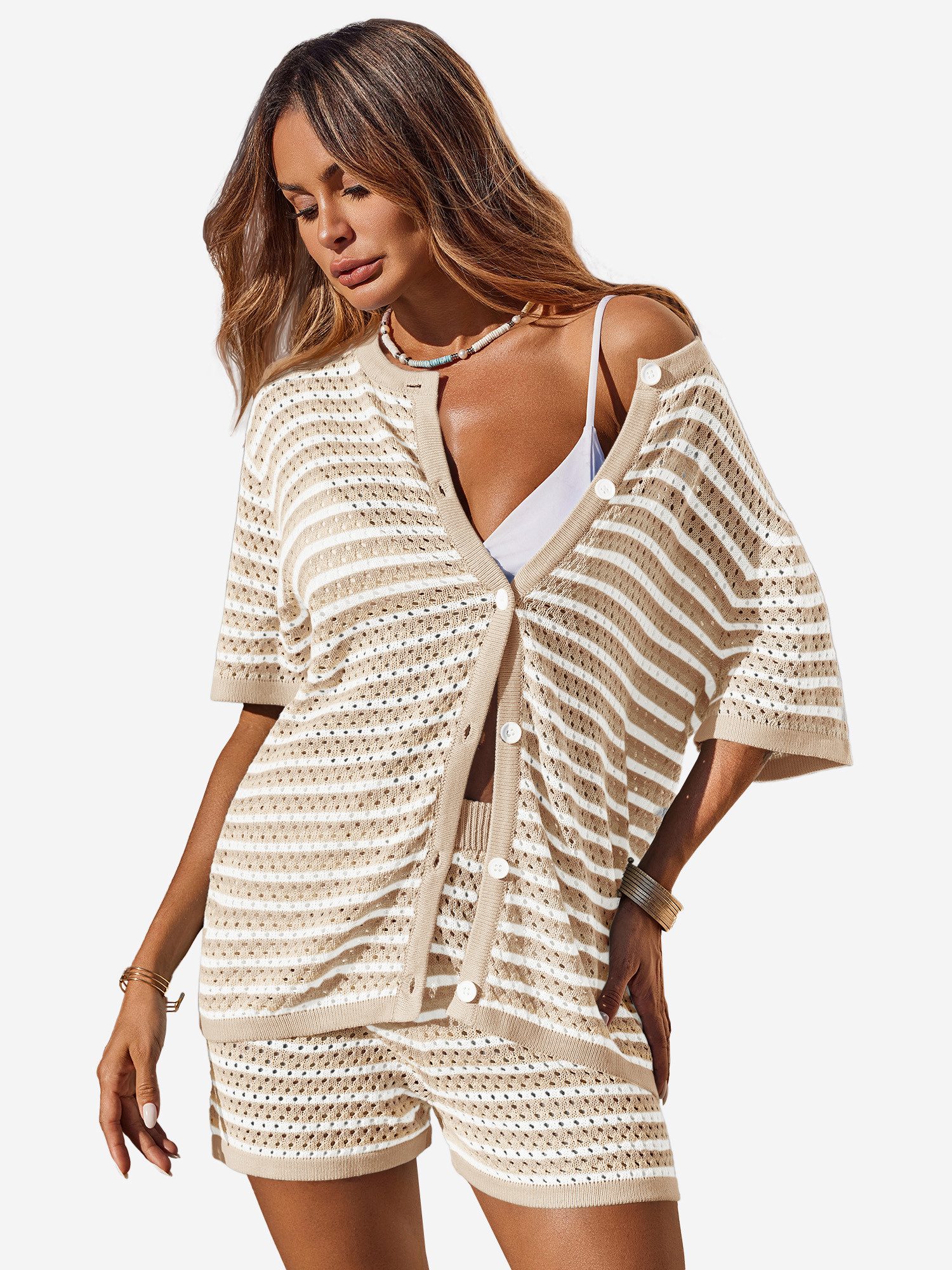 Imily Bela Hausanzug Damen Häkel 2-teiliger Set (Set, 2 tlg., Strick-Shirt + Shorts) gestreiftes – Bild 4 von 5