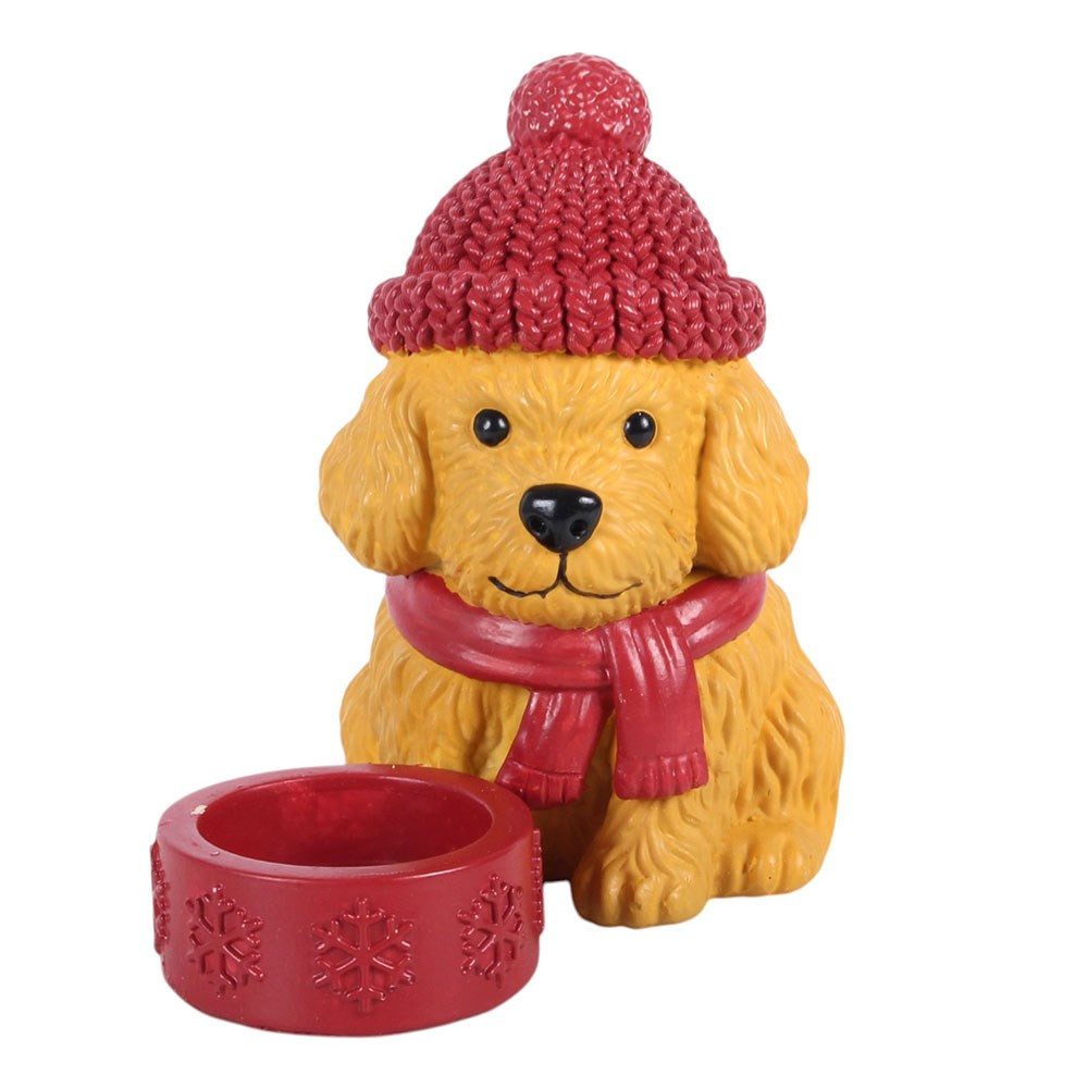 Something Different Teelichthalter Süßer Winter Teelichthalter Welpe Hund mit Mütze vintage