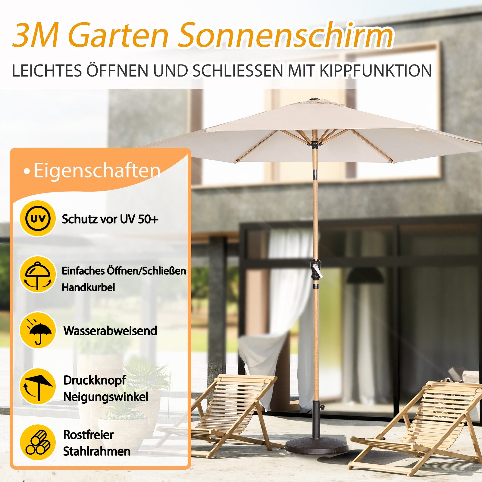 Angel Living Sonnenschirm 300 cm Gartenschirm mit Kurbel,UV-Schutz, Terrassenschirm belüftet, Marktschirm für Terrasse, Garten, Balkon Cremegelb