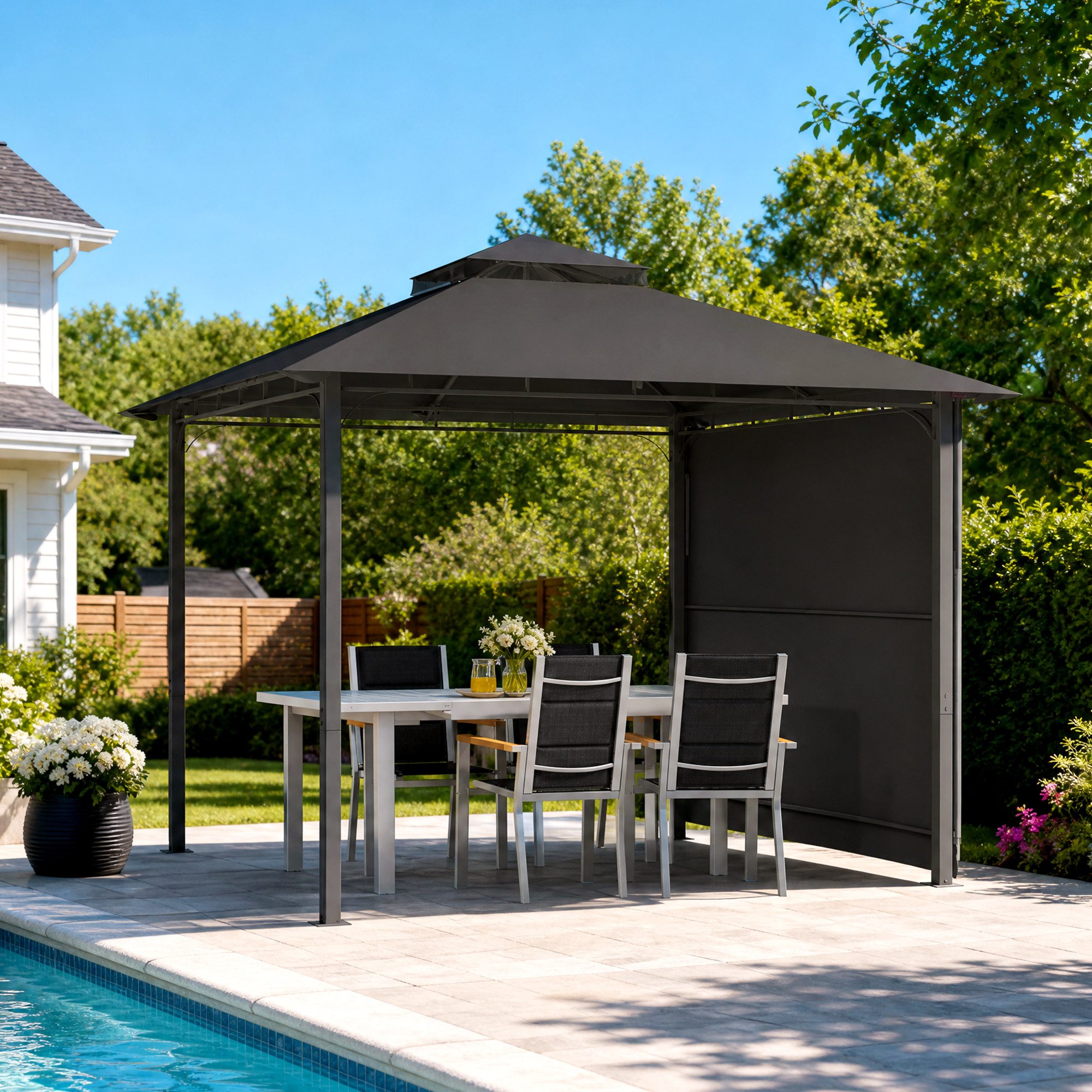 HOMALL Pavillon Extend Grillpavillon, mit 1.8m ausklappbarer Seitenveranda, mit 4 Seitenteilen, (Ausziehbarer Seitenmarkise flexibel verstellbare Schattenflächen), Verstellbarer Pavillon 3–4,7 m, mit Moskitonetz für 6-10 Personen