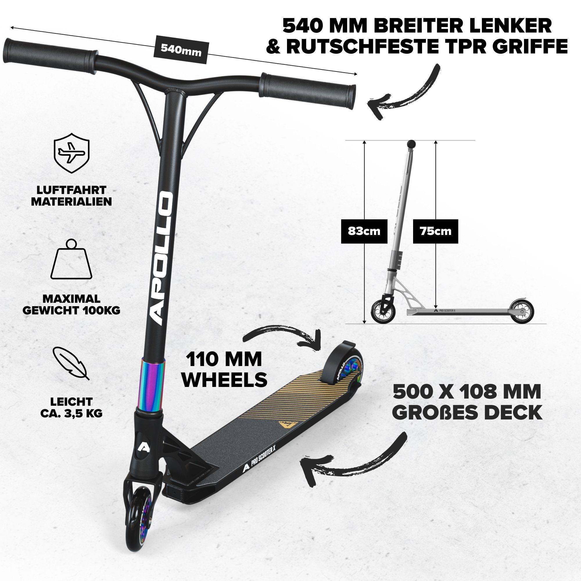 Apollo Stuntscooter Stunt Scooter Genesis X Pro - High End Stuntscooter, Profi Trick Roller mit 120mm Alu Core Wheels Kickscooter