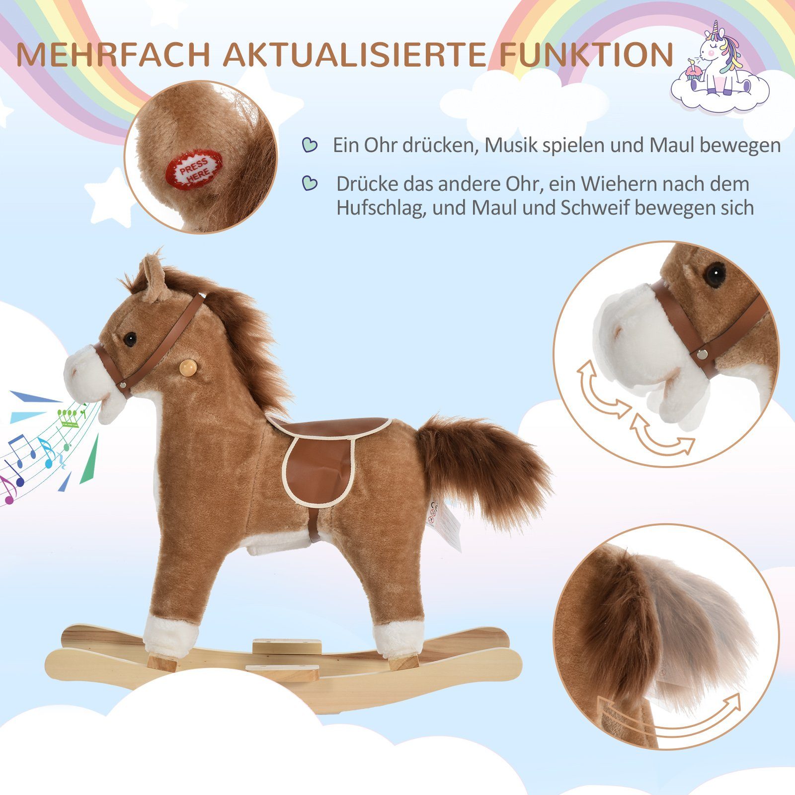 HOMCOM Schaukeltier Baby Pferd mit Tiergeräusche Spielzeug Haltegriffe, (1 tlg), Braun 65 x 32.5 x 61 cm – Bild 5 von 5
