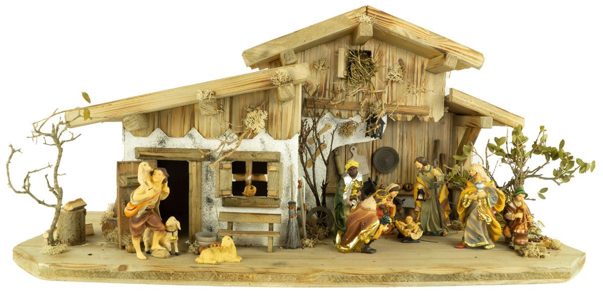 Krippenursel Krippe Weihnachtskrippe Engelthal inkl. 12-tlg. Figurensatz K 001, Handbemalte Figuren,handgearbeitete Krippe