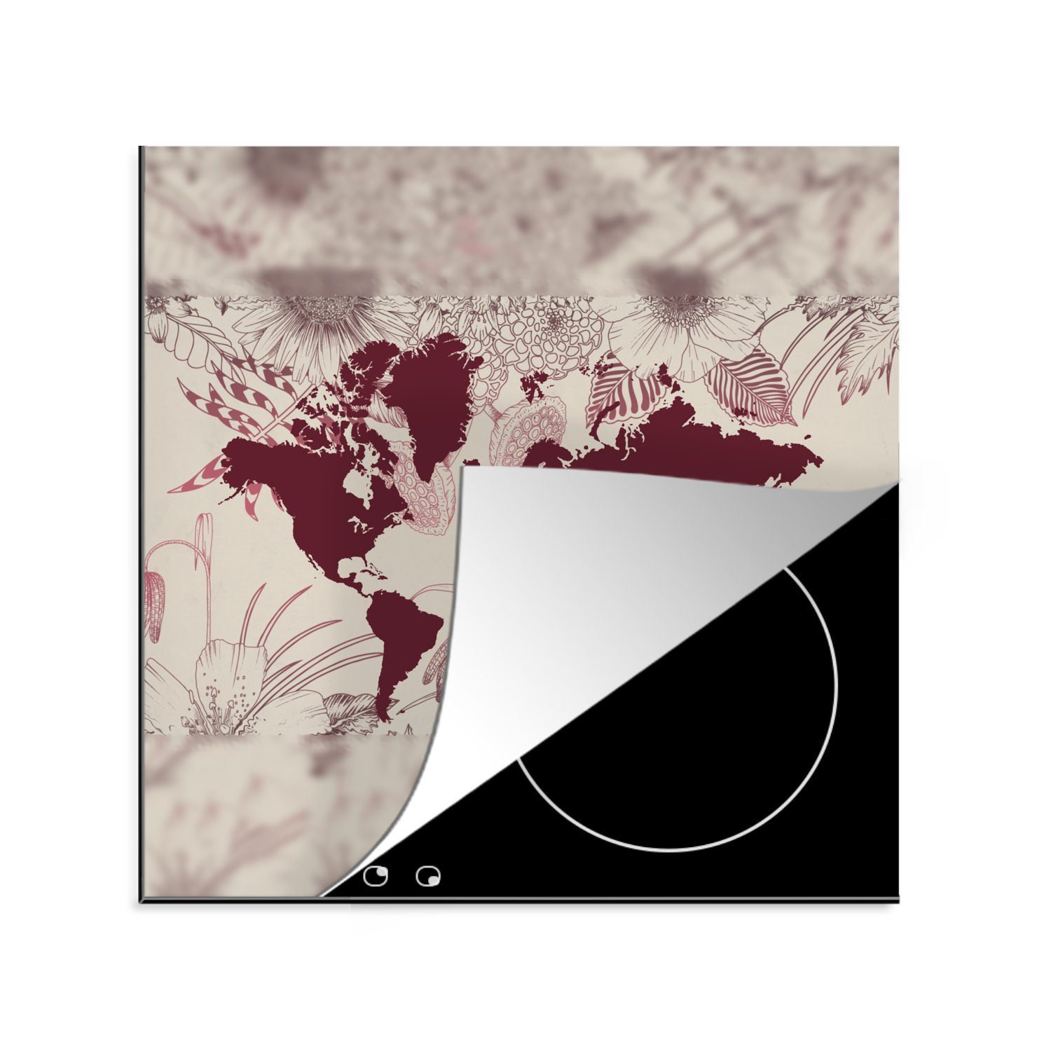 MuchoWow Herdblende-/Abdeckplatte Weltkarte - Pflanzen - Rot, Vinyl, (1 tlg), 78x78 cm, Ceranfeldabdeckung, Arbeitsplatte für küche