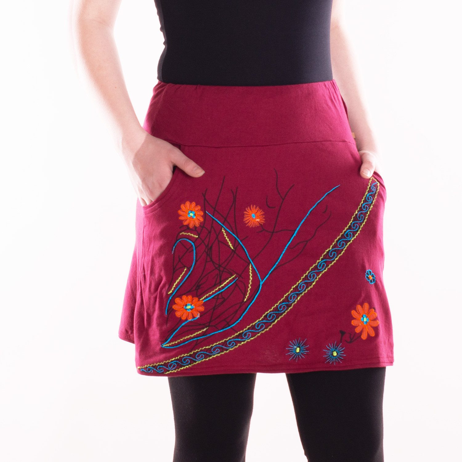 Vishes Sommerrock Damen Baumwolle Blumen-Muster elastischer Bund Stickerei Taschen Alternative Bekleidung, Ethno, Hippie, Retro Style