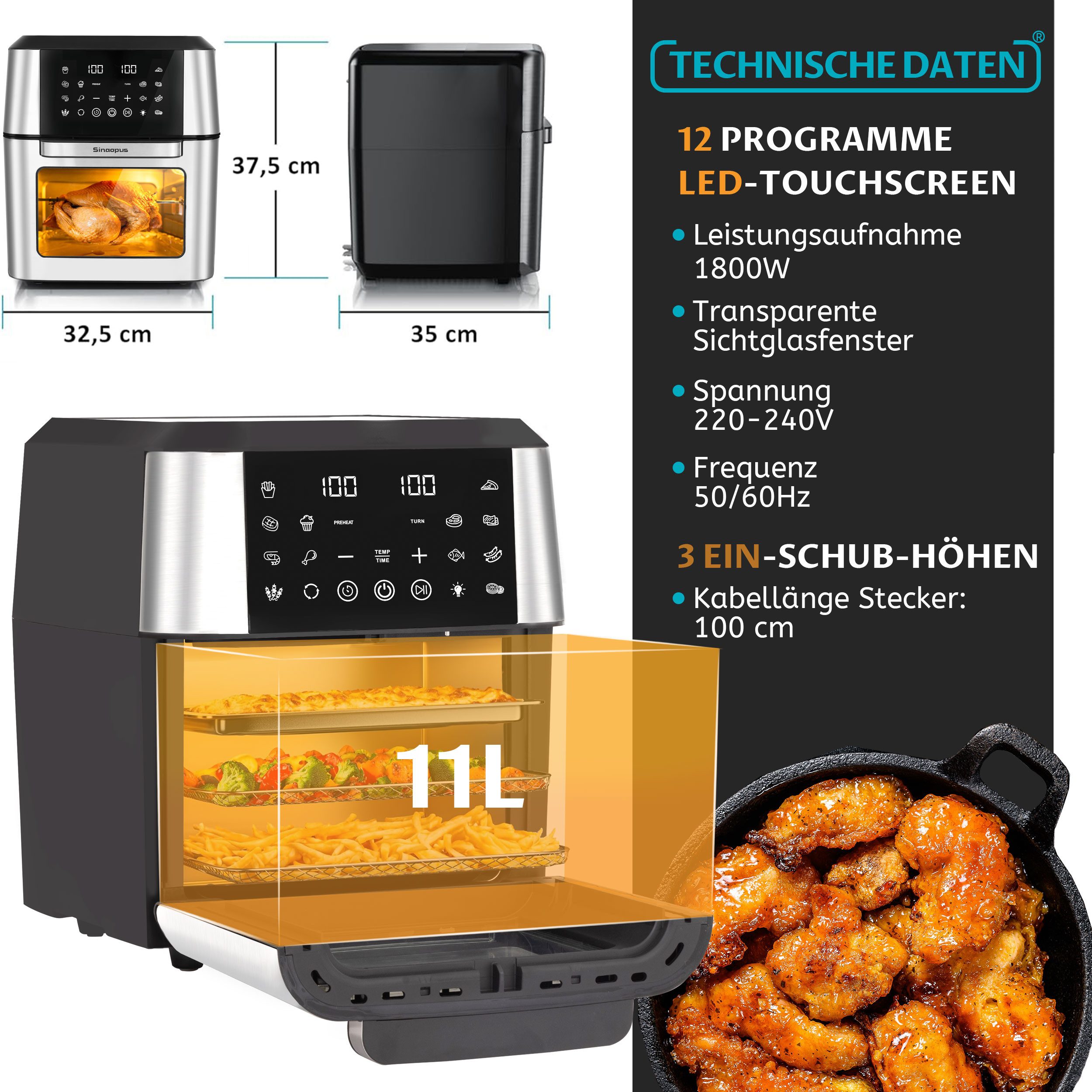 Sinaopus Heißluftfritteuse Heißluftfritteuse & Mini-Backofen 1280 – 11 L XXL, 2000 W, LED-Display, 2000,00 W, LED-Touchdisplay, 12 Programmen & umfangreichem Zubehör