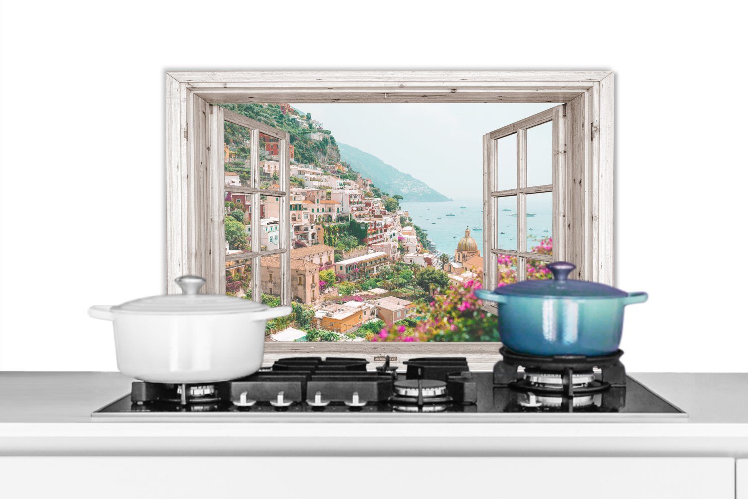 MuchoWow Küchenrückwand Ausblick - Italien - Blumen - Meer - Küste - Stadt - Berge, (1-tlg), 60x40 cm, Herdblende aus Wandschutz, Temperaturbeständig küchen