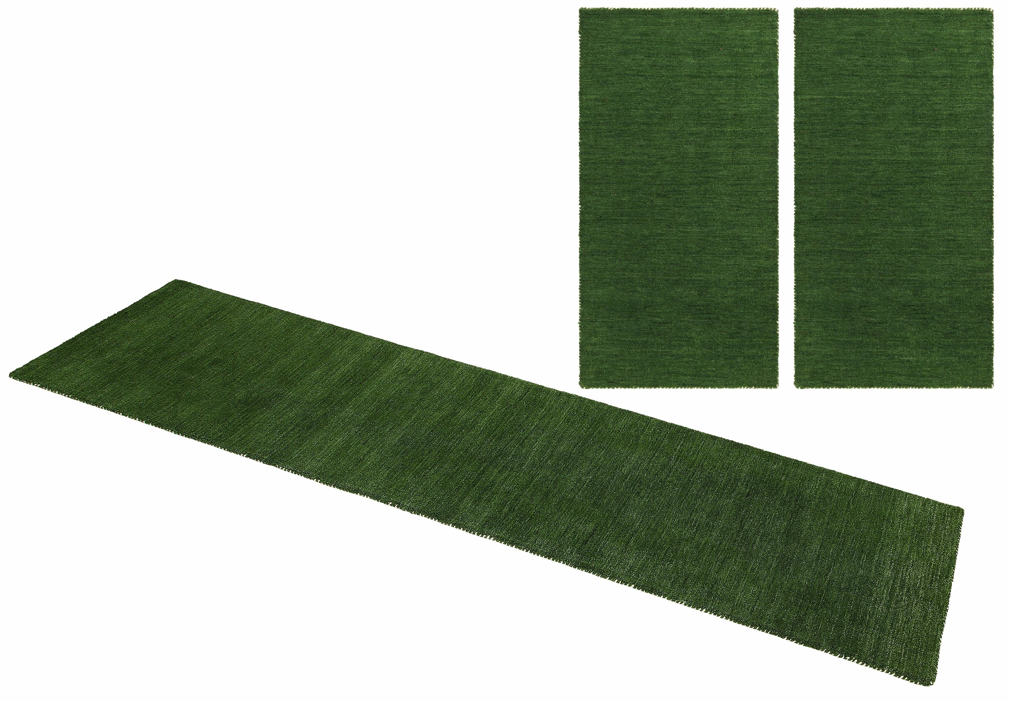 Bettumrandung Gabbeh Uni THEKO, Höhe 15 mm, (3-tlg), Bettvorleger, Uni-Farben, meliert, Schurwolle, handgewebt, Läufer-Set dunkelgrün