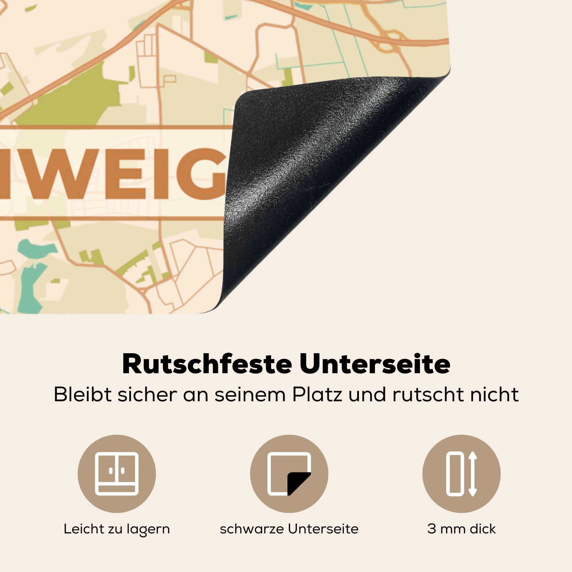 (1 Braunschweg - - für 78x78 küche cm, Arbeitsplatte Karte Herdblende-/Abdeckplatte Ceranfeldabdeckung, tlg), Vinyl, Stadtplan, - MuchoWow Vintage