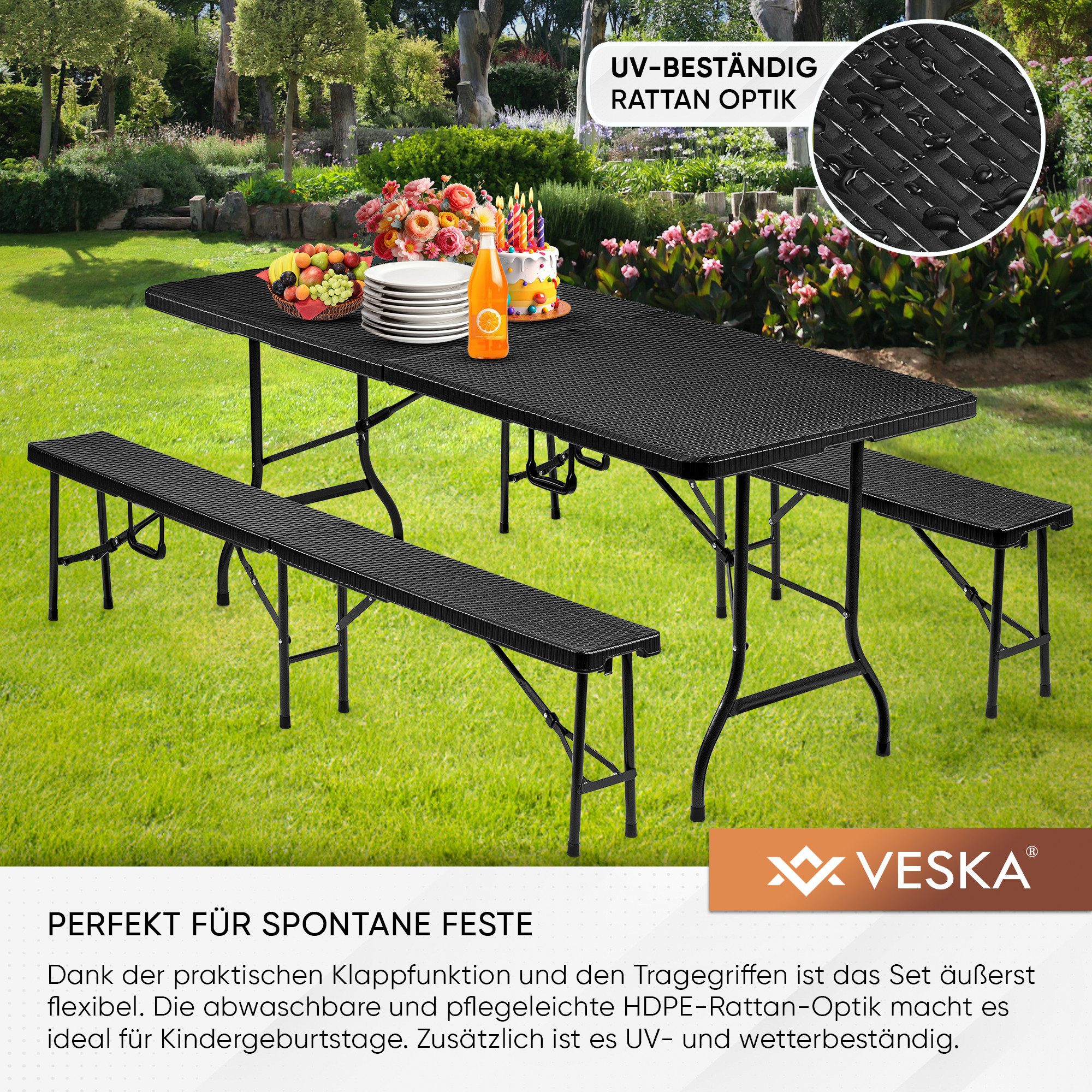 VESKA Bierzeltgarnitur 3-teilig Set Tisch + 2x Bank, wetterfest für drinnen und draußen, (klappbar mit Tragegriffen, Kunststoff, Gartengarnitur, Klapptisch), Gartentisch Länge 180 cm Rattan-Optik Schwarz
