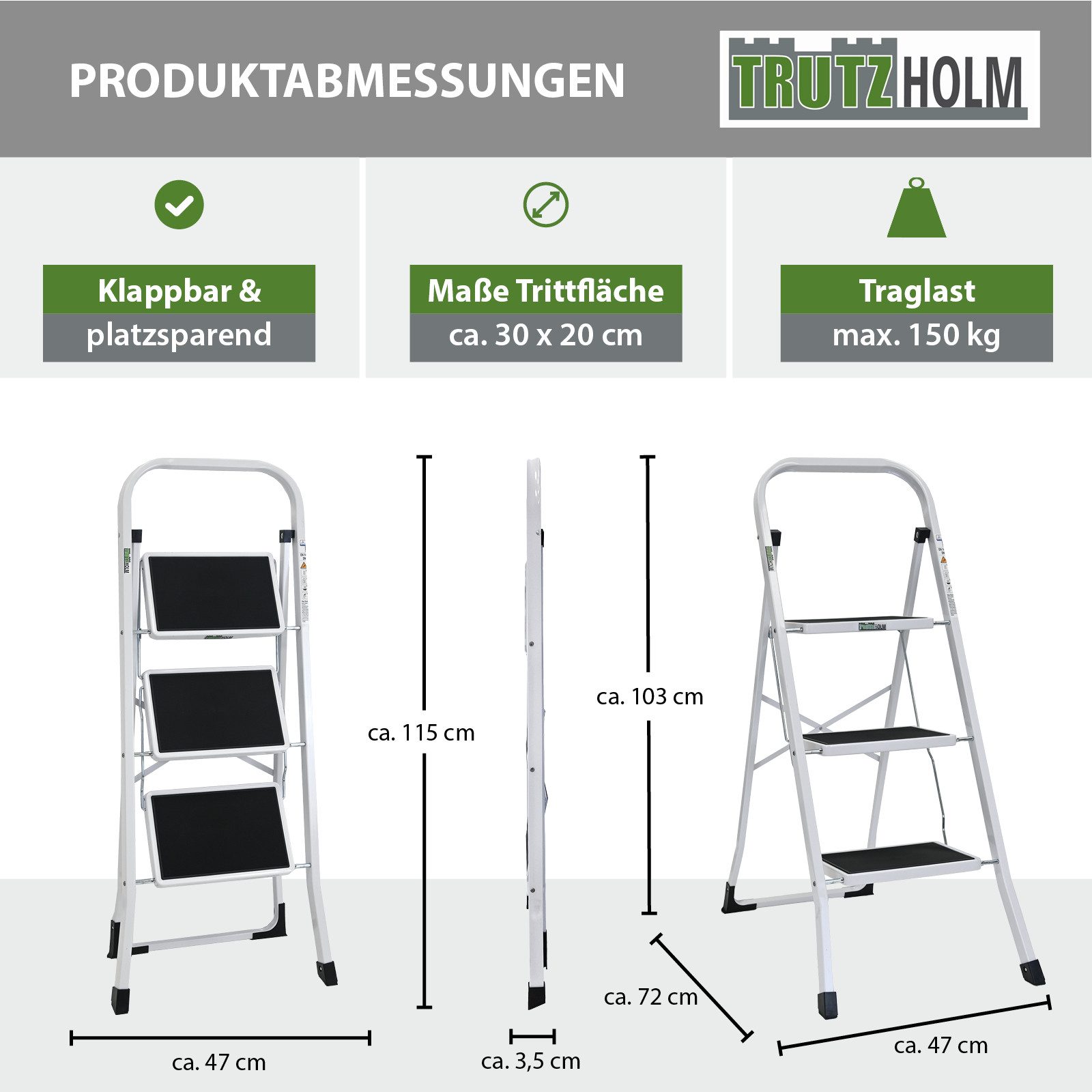 TRUTZHOLM Klapptritt Trittleiter 3-stufig klappbar TÜV/GS 150 kg Trittflächen Klapptritt, Anti-Rutsch – Bild 3 von 5