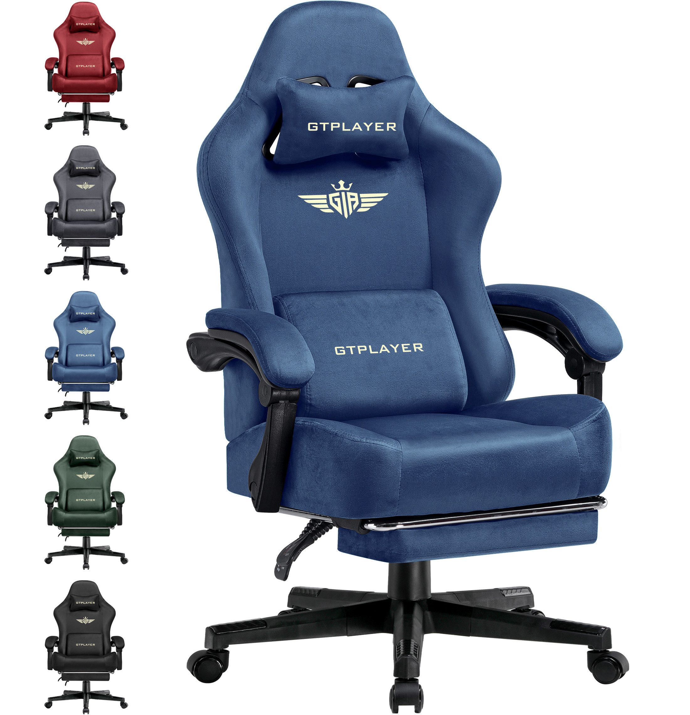 GTPLAYER Gaming-Stuhl Stoff/Kunstleder mit Taschenfederkissen großer Gamer Stuhl, 150KG (Gaming Chair mit hoher Rückenlehne und Fußstütze), Bürostuhl Gaming Sessel Gepolstert für Jugendliche und Erwachsene