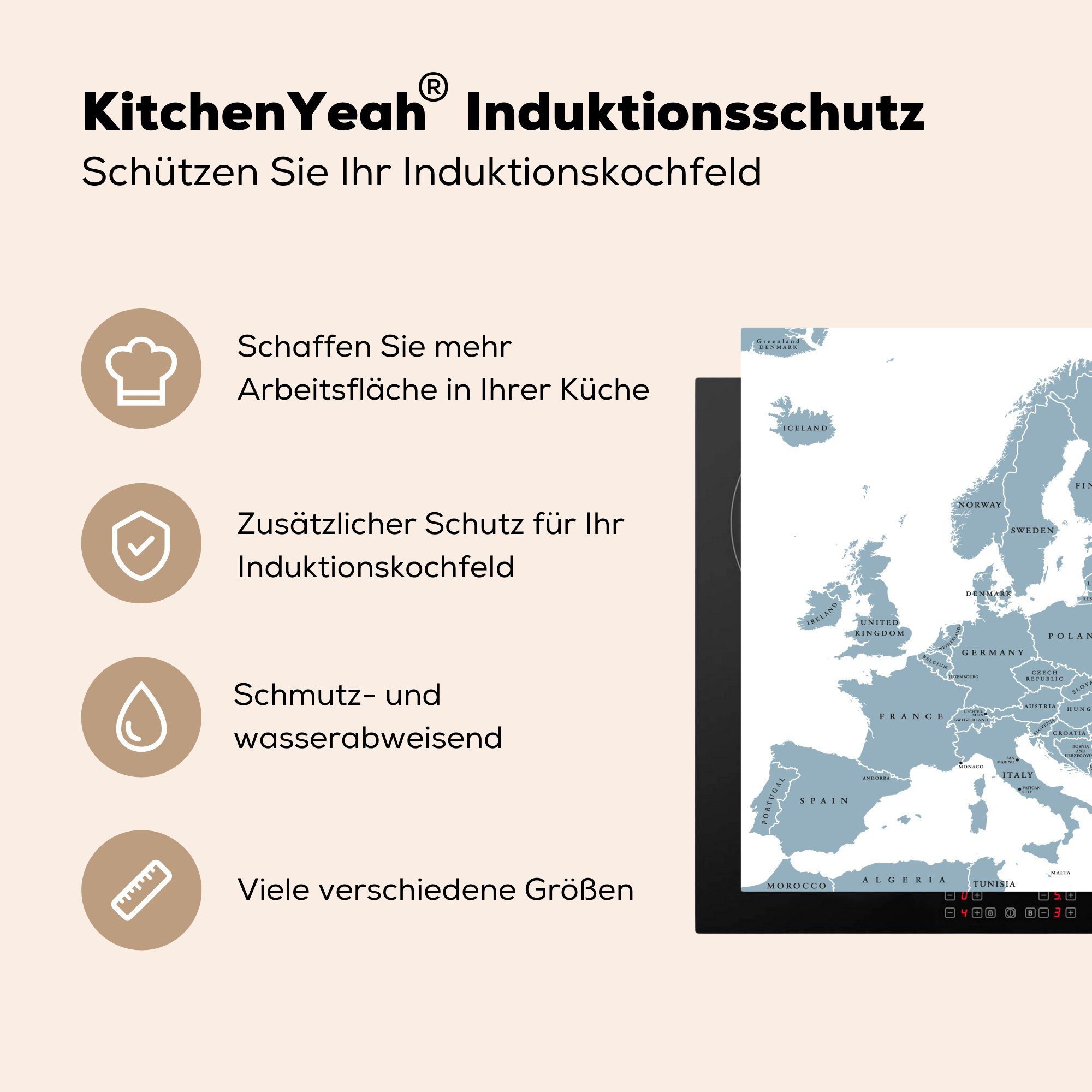 MuchoWow Herdblende-/Abdeckplatte Karte - Vinyl, Europa Arbeitsplatte für küche - tlg), Grau, Ceranfeldabdeckung, (1 cm, 78x78