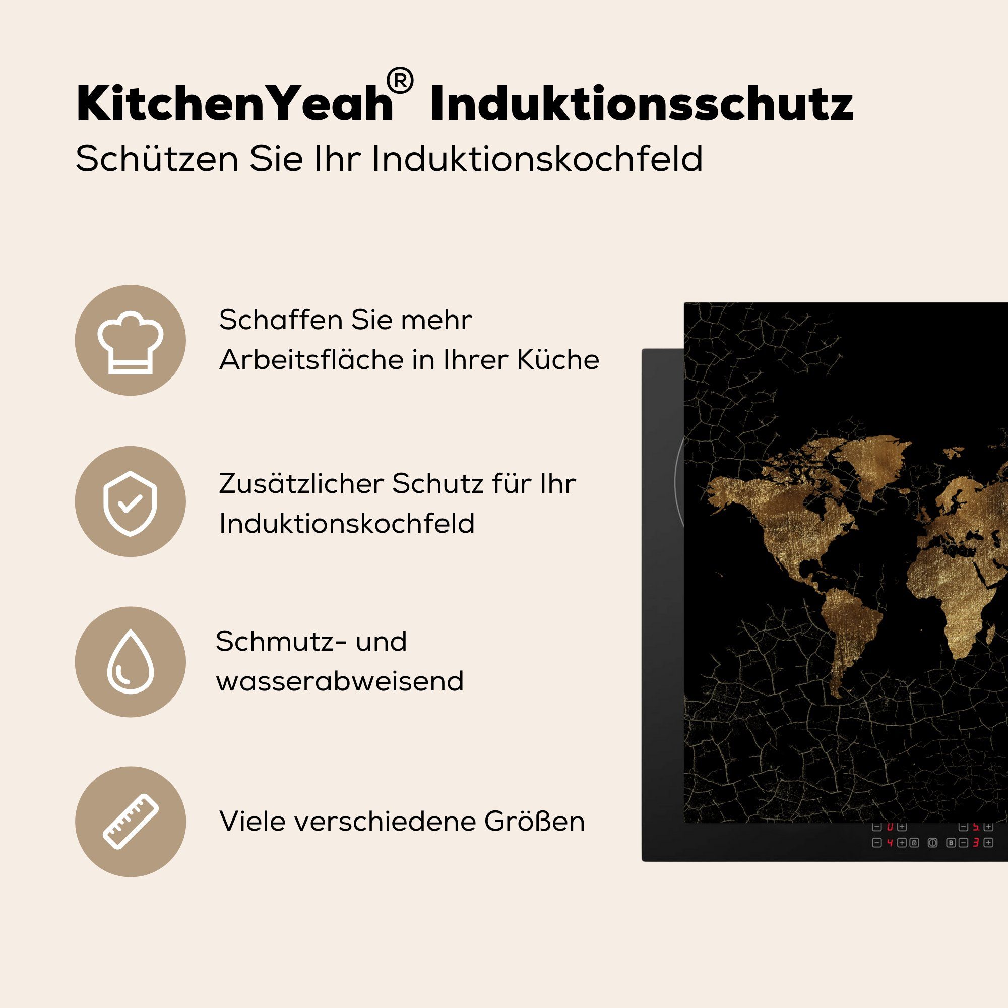 MuchoWow 78x78 küche für tlg), Herdblende-/Abdeckplatte - - Weltkarte Linie (1 Braun, Vinyl, cm, Arbeitsplatte Ceranfeldabdeckung,