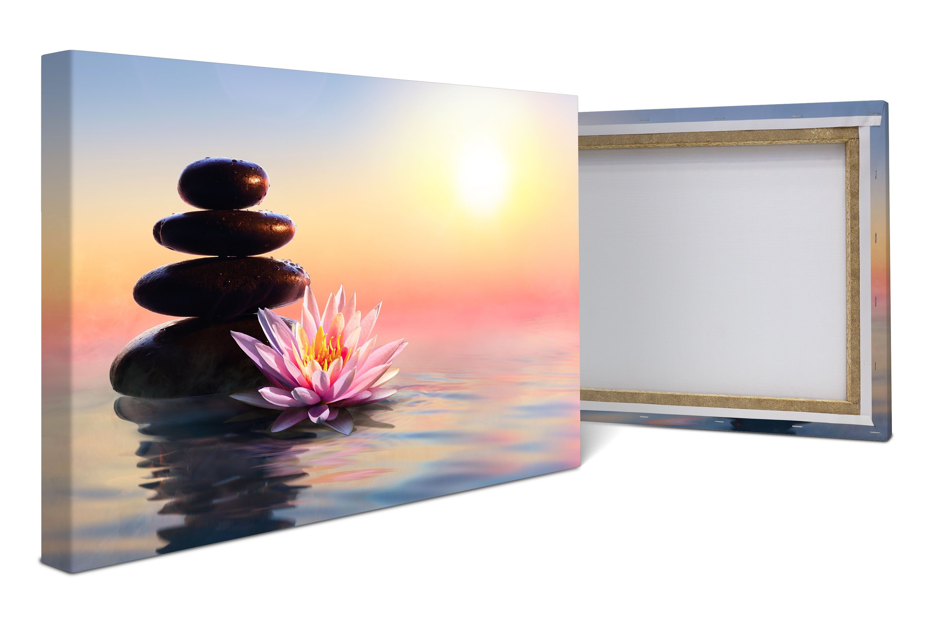 wandmotiv24 Leinwandbild Lotusblüte & Steine Wanddeko, versch. See, Wandbild, im Wellness in Größen (1 Leinwandbilder St), Sonnenlicht