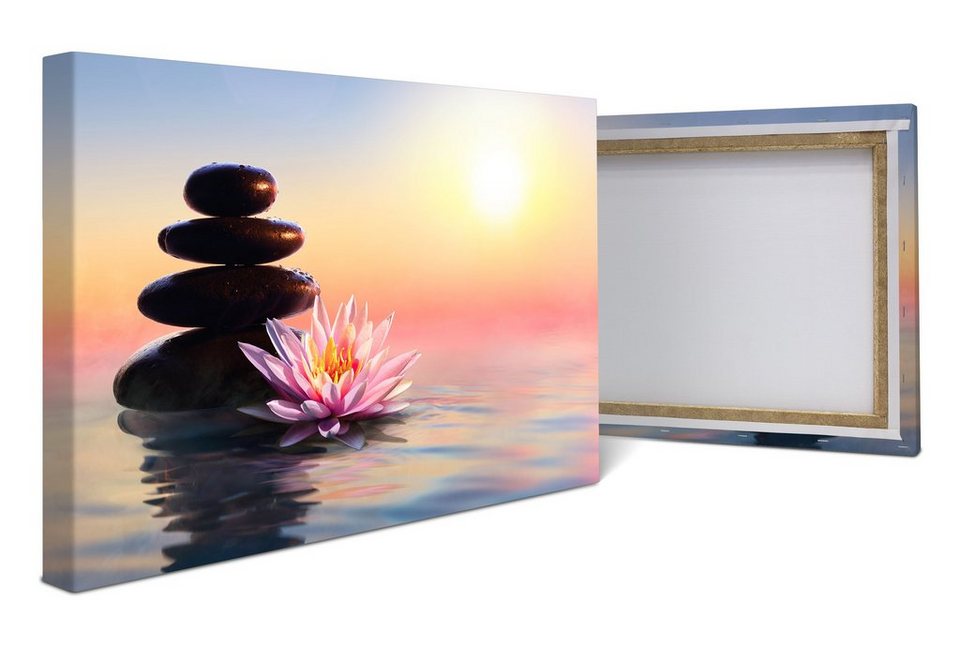 wandmotiv24 Leinwandbild Lotusblüte & Steine im Sonnenlicht, See, Wellness (1  St), Wandbild, Wanddeko, Leinwandbilder in versch. Größen