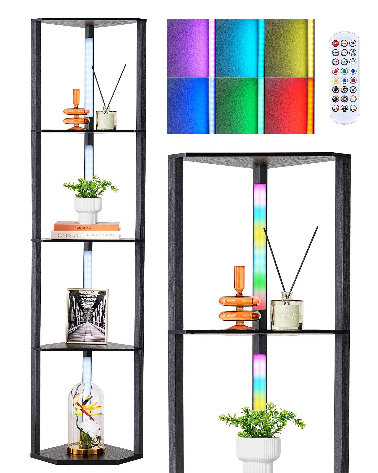 EDISHINE Stehlampe Wohnzimmer Dimmbar, Standleuchte mit Ablage, RGB, LED fest integriert, warmweiß bis kaltweiß dimmbar, LED Dimmbar Stehleuchte, Regal mit Licht