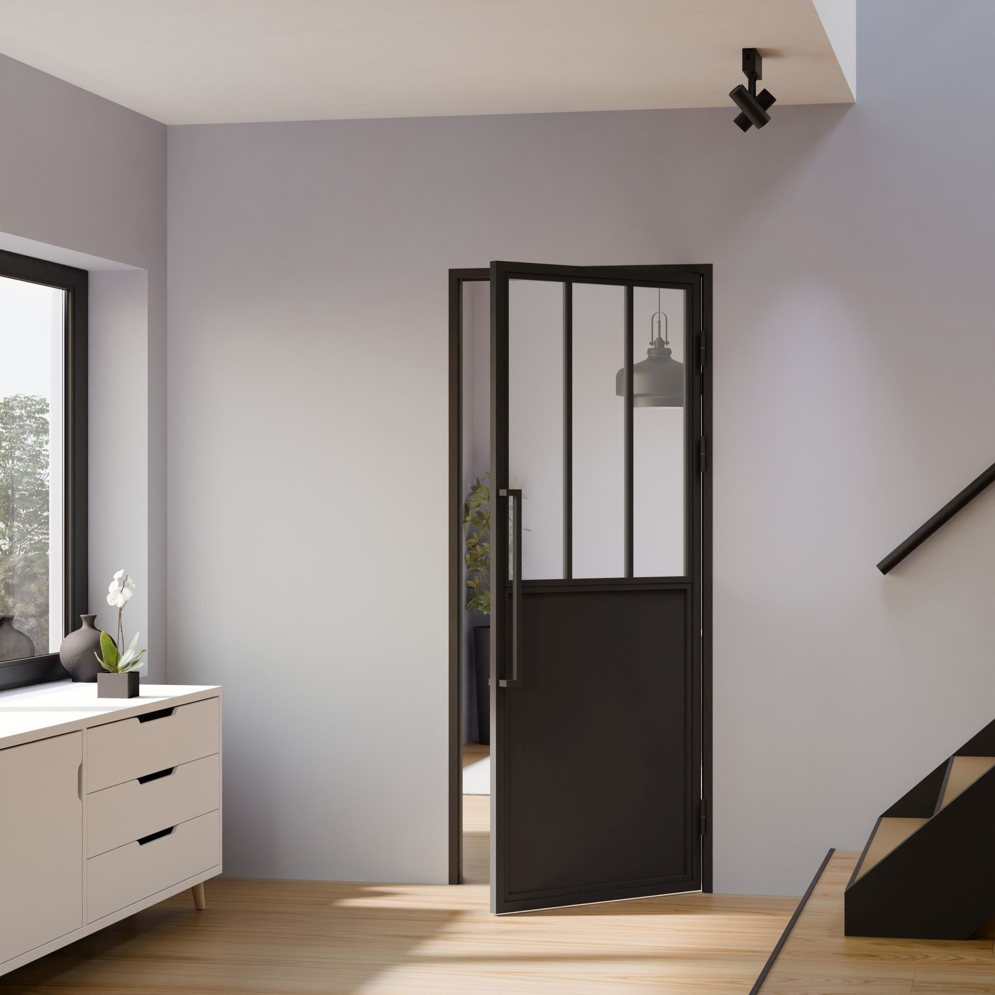 inova wohnen Zimmertür Stahltür Schwarz mit Klarglas Einsatz (Komplett Set, inkl. Türzarge schwarz und Griffstange), Größenauswahl, Loftstyle