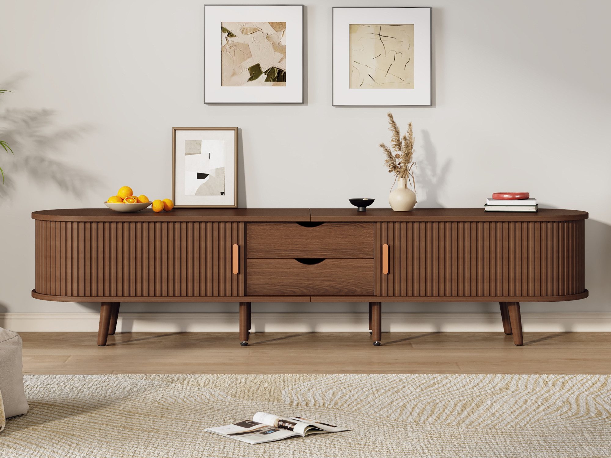 KLAM HOME Lowboard Lowboard TV Schrank Mit Runder Tischplatte Und Teleskop Schiebetüren (Modernes Wohnzimmer Lowboard In Walnuss Optik Mit 2 Schubladen), TV Unterschrank Bis 75 Zoll Mit Stauraum Für Audio Video Geräte