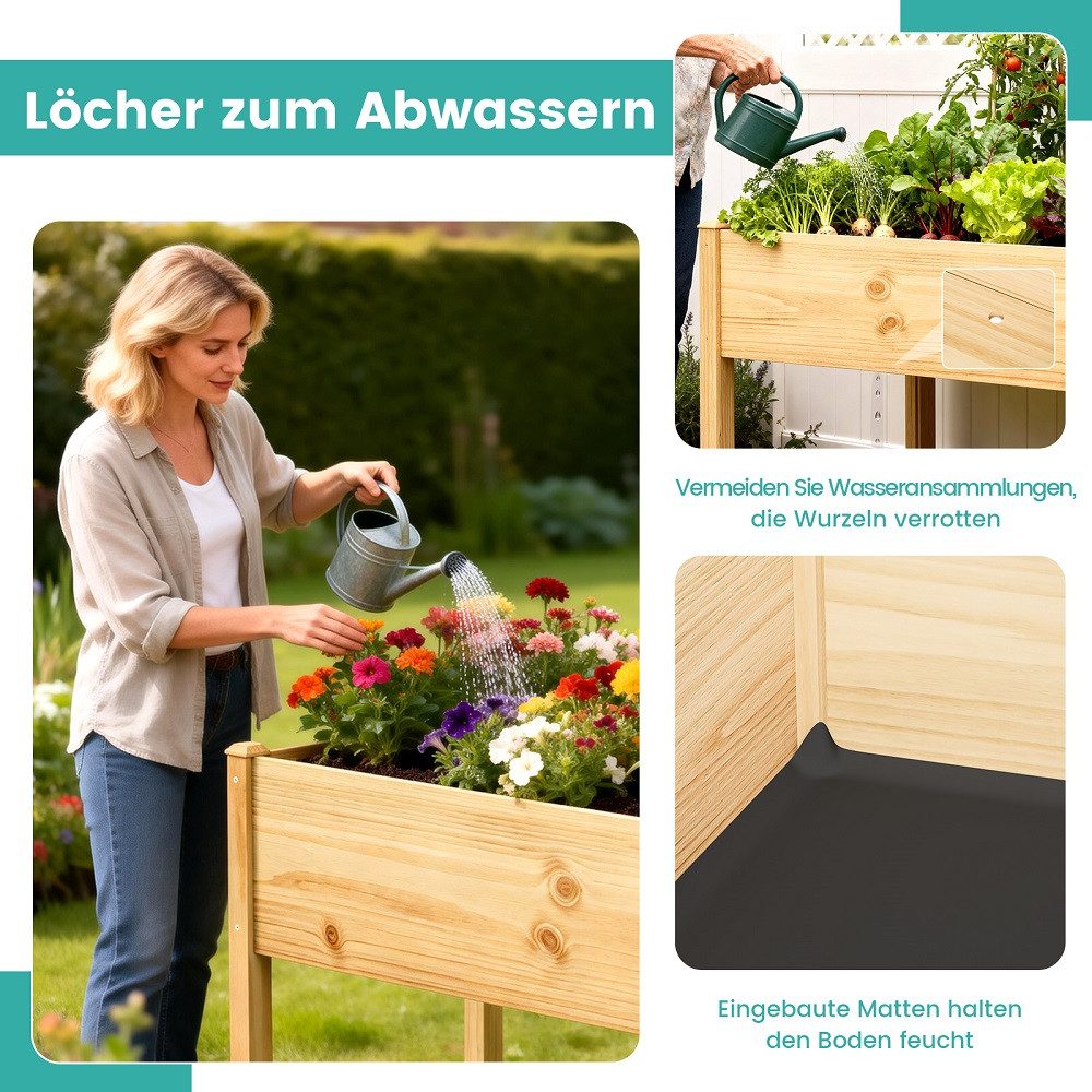 Meulbaty Hochbeet aus Holz mit Beinen, natürlicher Pflanzkasten aus massivem Kiefernholz (wetterfest imprägniert, 1 St), ergonomische Arbeitshöhe 80 cm, für Ter – Bild 5 von 5