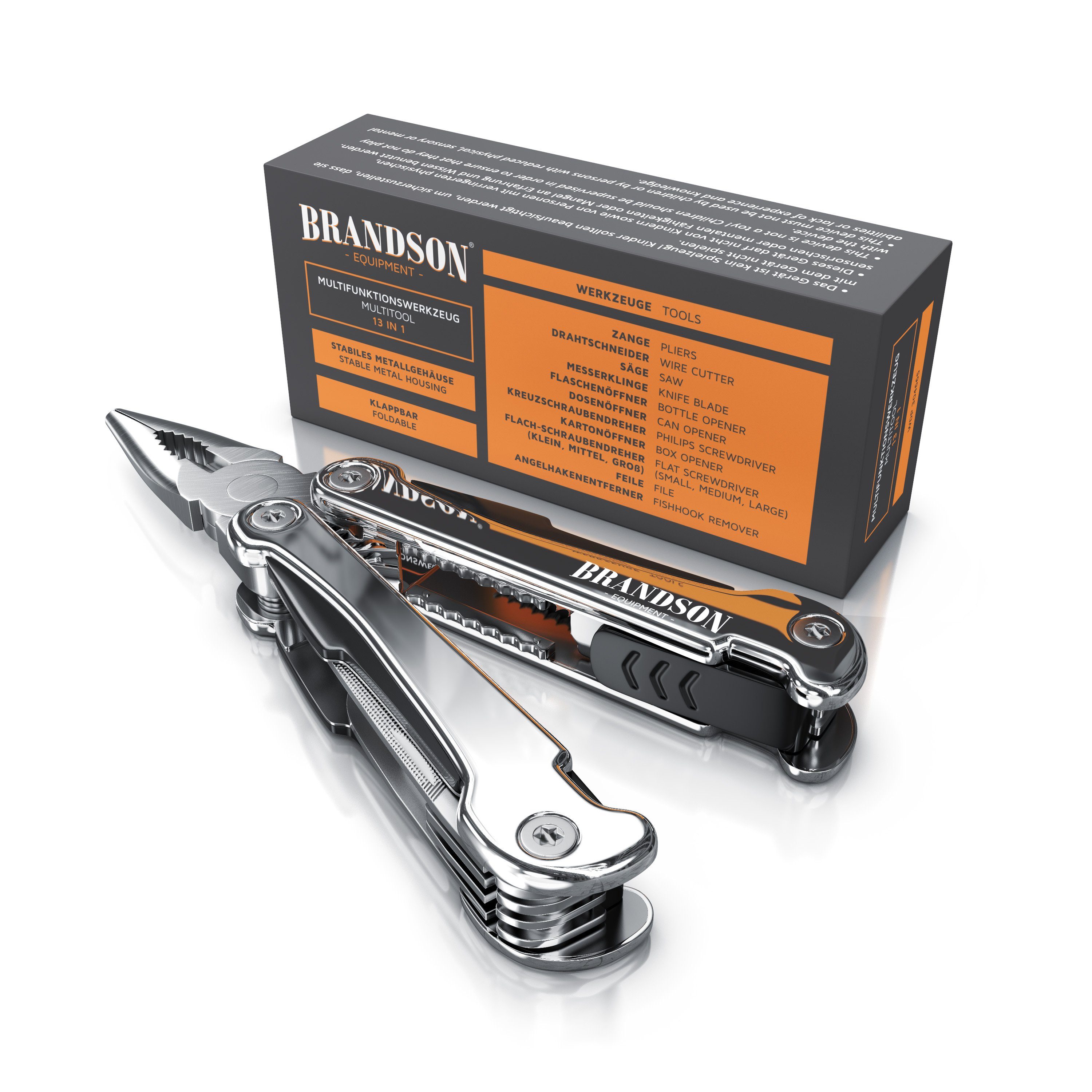 Messer, Dosenöffner, Zange, & Säge, Schraubendreher Multitool, Feile, 4 Flaschen- Brandson