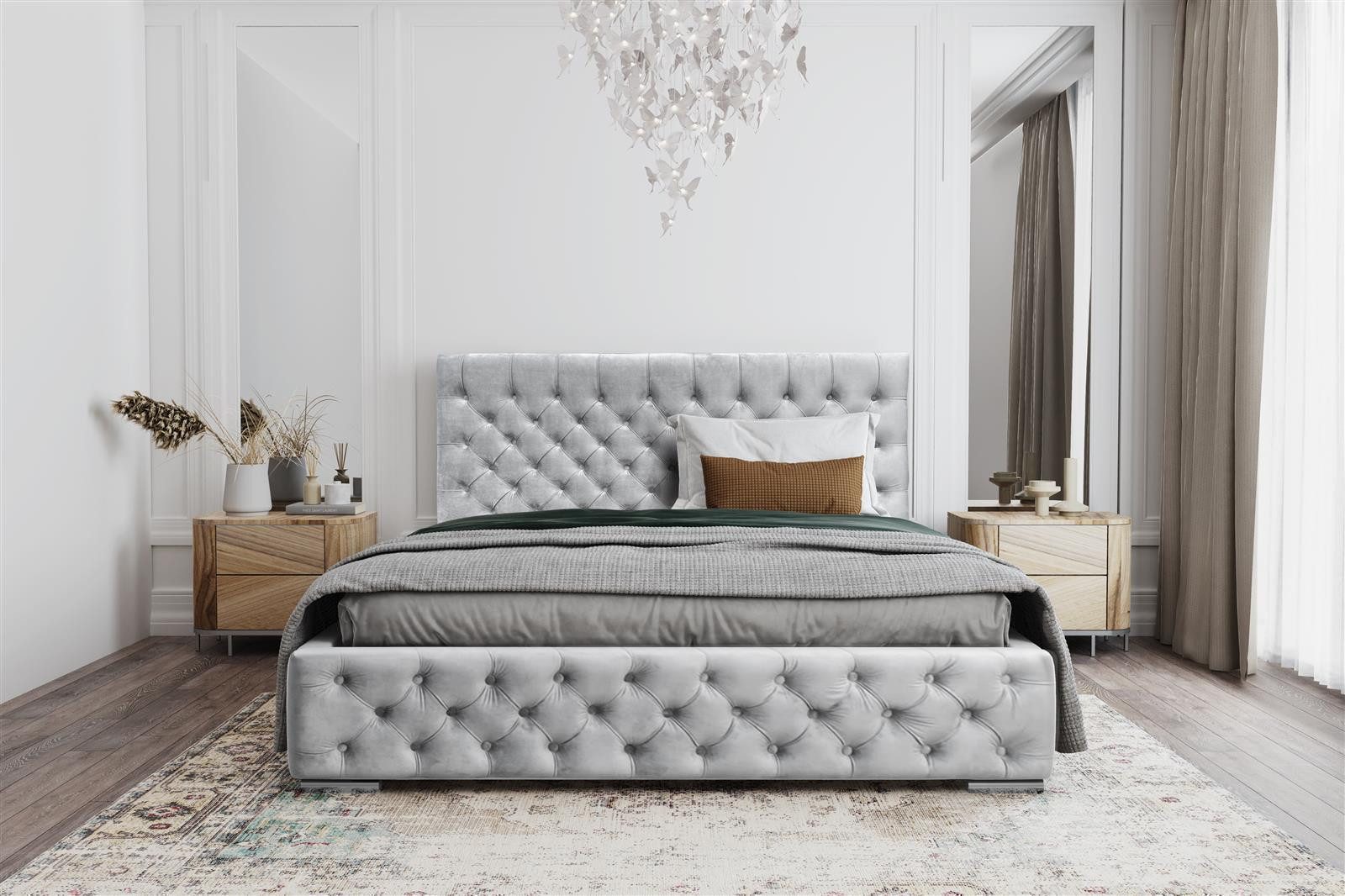 VIVENTE Möbel Polsterbett WINDSOR Samtstoff Bezug, exklusive Chesterfield Steppung, Bettkasten (Breiten 120/140/160/180/200 cm), inkl. Holz-/ Metall Rahmen Lattenrost
