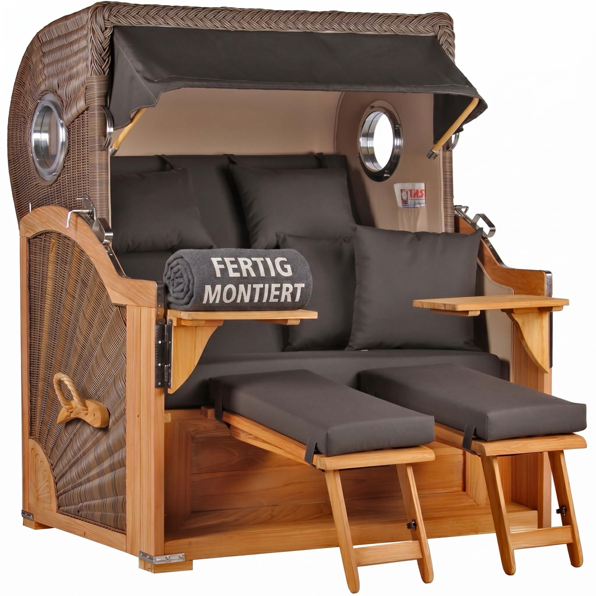 MR.DEKO Strandkorb XXL Baltikum 2,5-Sitzer Bullauge Teak PE Grey 142x170x95, BxTxH: 142x95x170 cm, Volllieger, Baltikum, (Wetterfester 2,5-Sitzer Strandkorb für Garten, Terrasse & Balkon), Volllieger mit Stauraum, Bullaugen & Edelstahl – komplett montiert