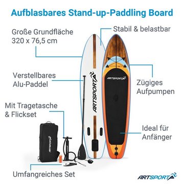 ArtSport Inflatable SUP-Board Beach Rocker, Stand Up Paddling Board, ideal für Anfänger, bis 150 kg, inkl. Tragetasche und Zubehör