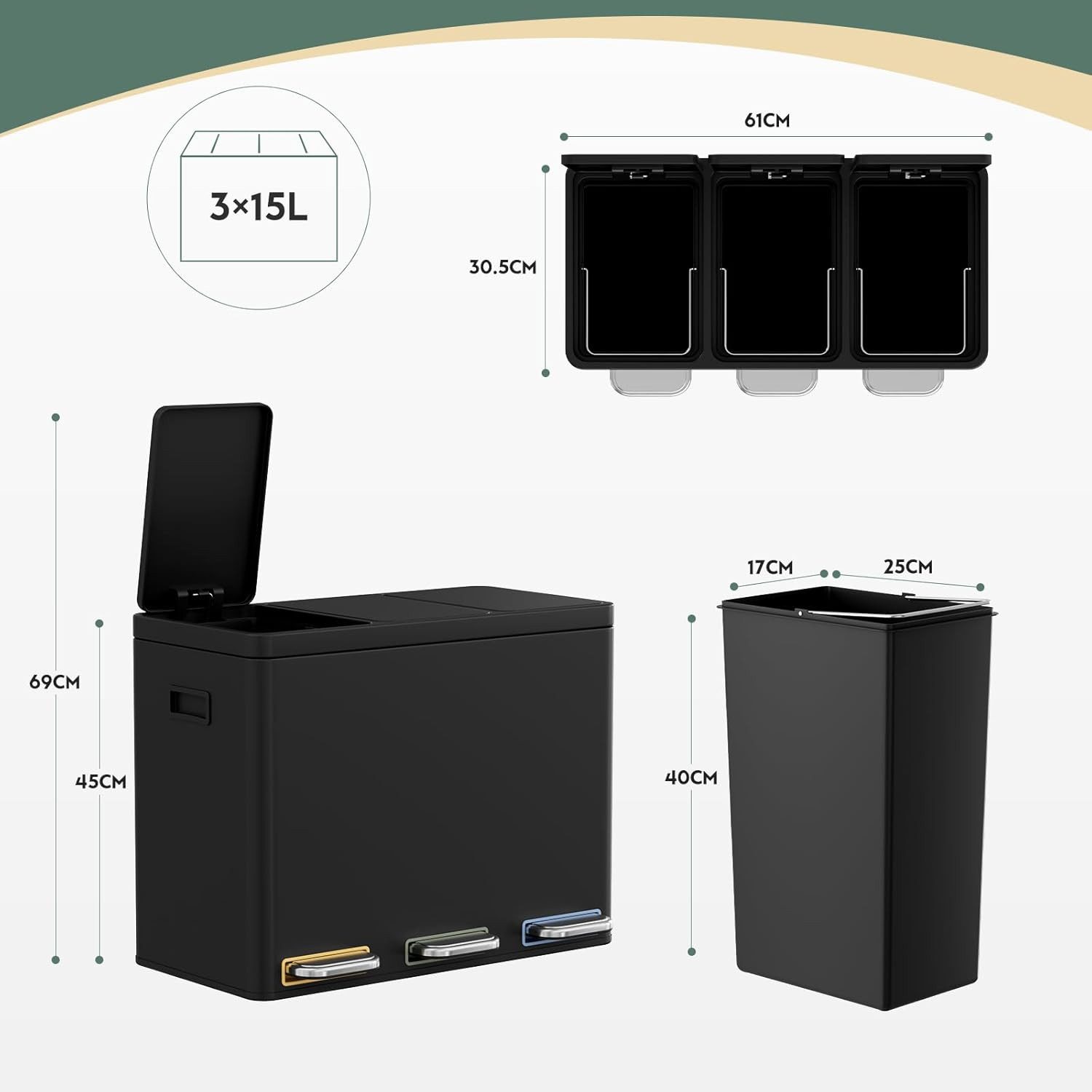 TLGREEN Mülltrennsystem 3×15L aus Stahl,Mülleimer 3 Fächer mit Soft-Close-Deckeln,Abfalleimer mit Herausnehmbare Inneneime