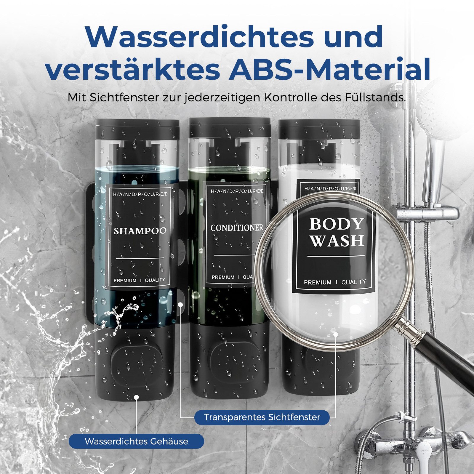 AKKEE Seifenspender WSeifenspender Wandmontage 3 Kammern 300ml, Duschgelspender Handwaschmittelspender