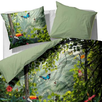 Bettwäsche Gabriel grün, Essenza, Renforcé, 1 teilig, Schmetterlinge, Vögel, Dschungel, Natur