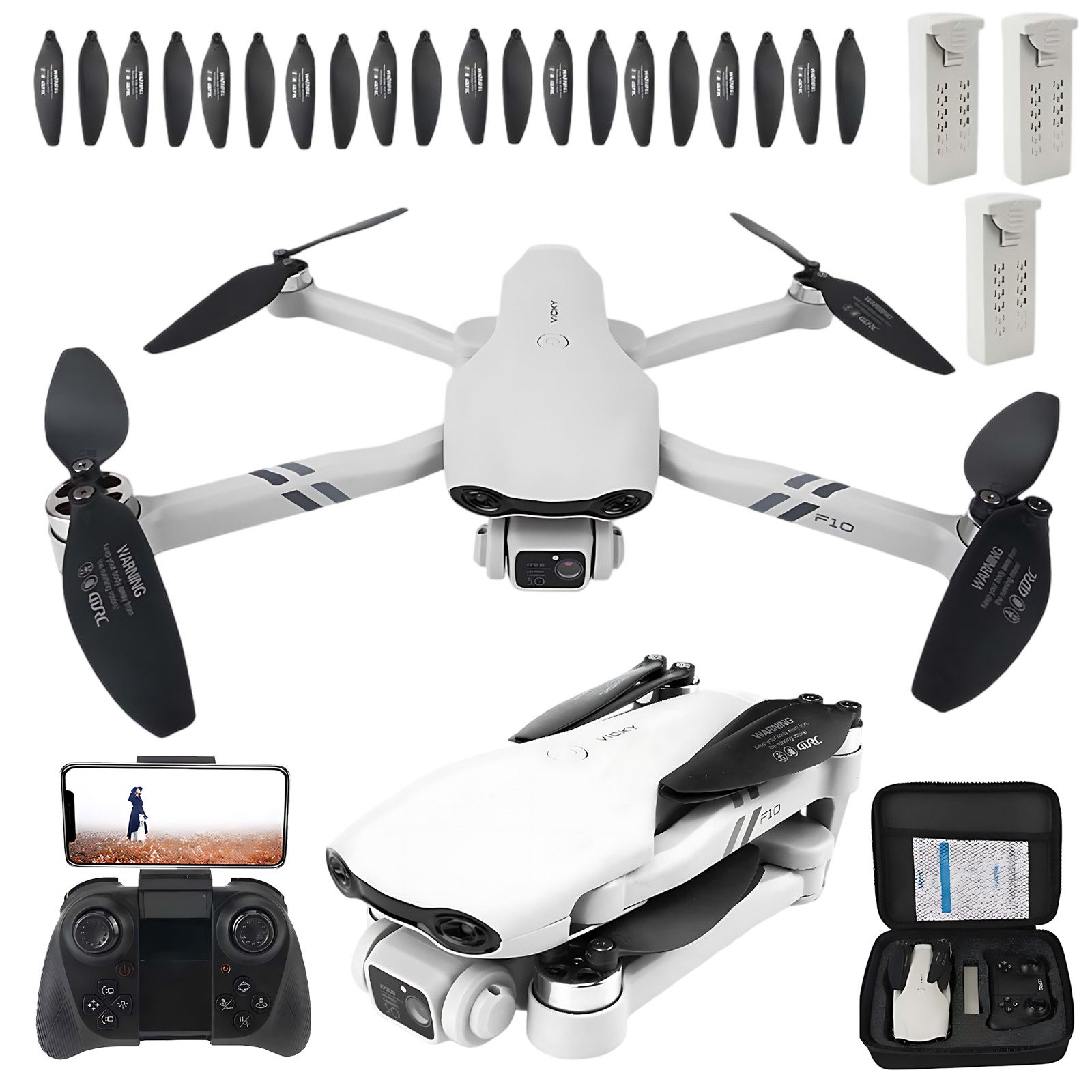 AKKEE F10/2.4G Smart One-Key Return Quadcopter + 3 Akkus Drohne (mit WLAN-HD-Kamera, 60 Min Flugzeit)