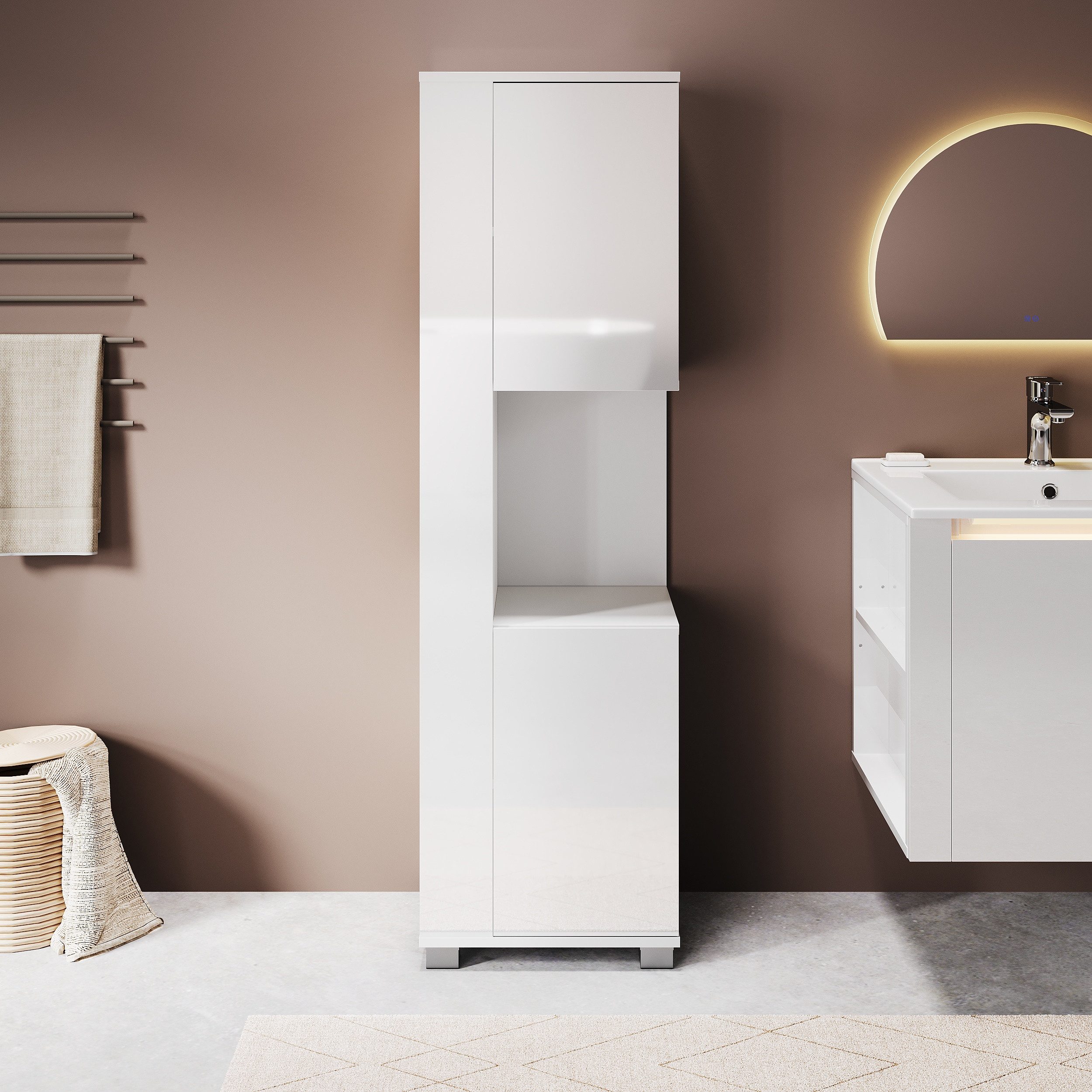 SONNI Hochschrank Badezimmerschrank Hochschrank Höhe:138/180cm mit Beleuchtung Badschrank schmal Hochglanz Weiss 40cm breit
