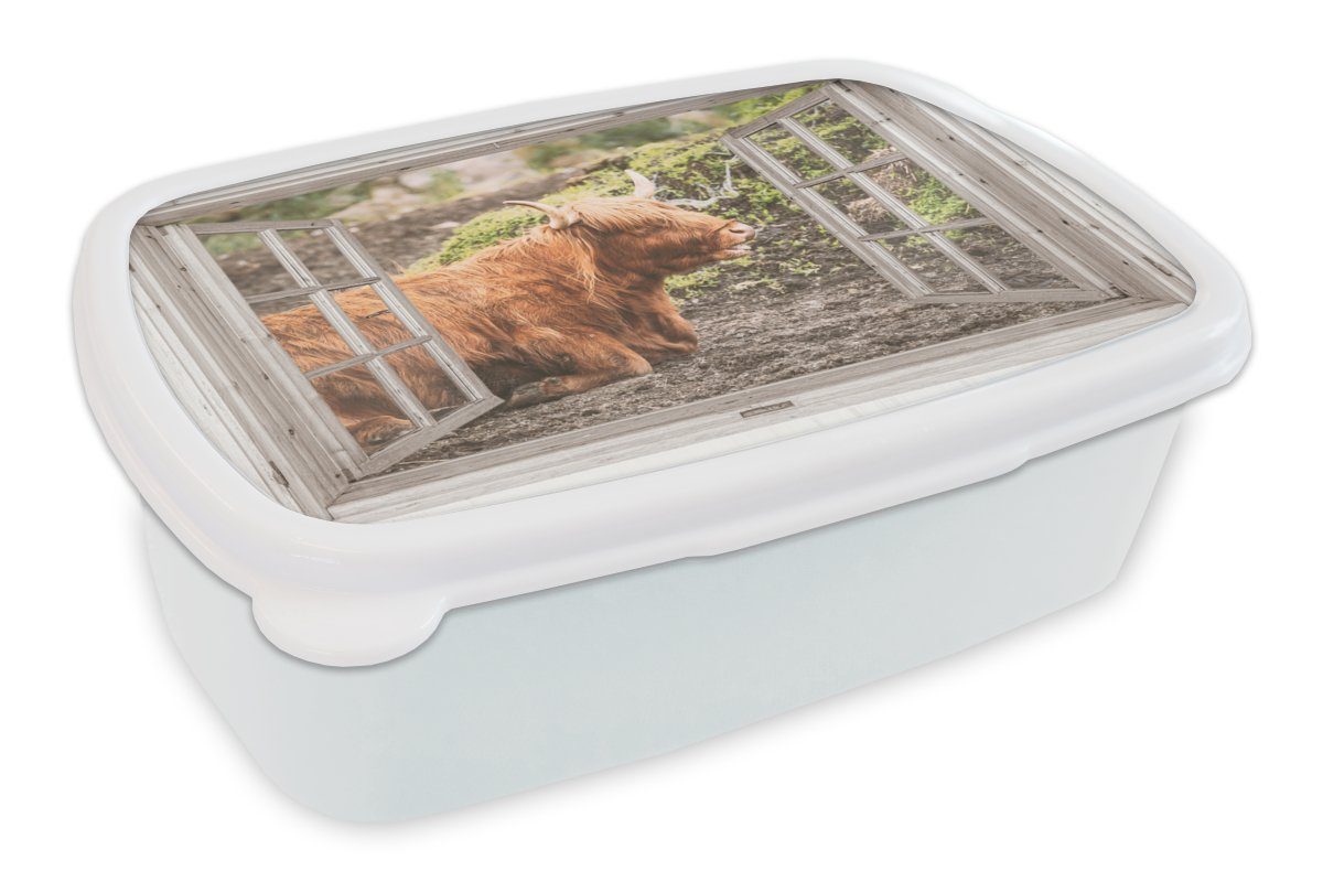 MuchoWow Lunchbox Schottische Highlander - Ansicht - Natur - Pflanzen, Kunststoff, (2-tlg), Brotbox für Kinder und Erwachsene, Brotdose, für Jungs und Mädchen weiß