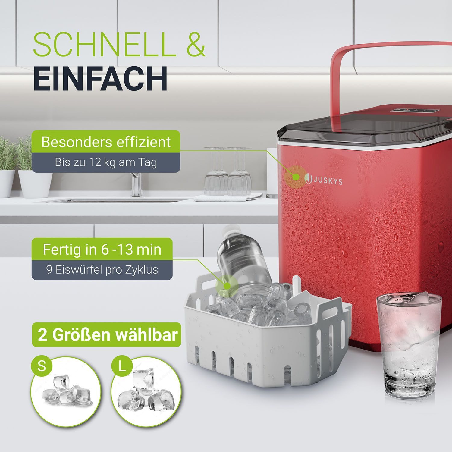 Juskys Eiswürfelmaschine IceOracle, 2 Größen, bis zu 12 kg pro Tag; mit Selbstreinigungsfunktion