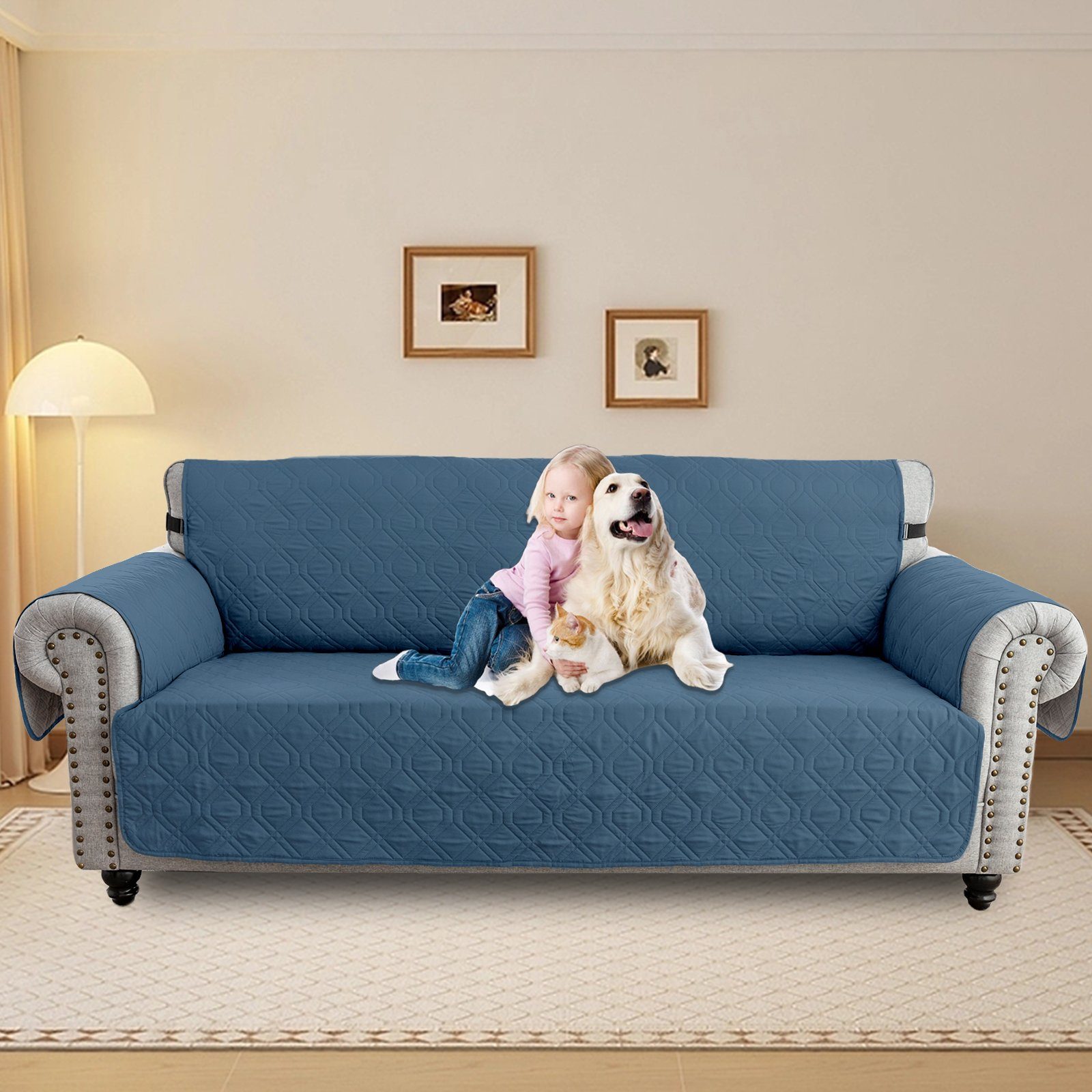 BTTO Sofabezug Sofahusse 1/2/3 Sitzer,Sofaüberzug mit Seitentasche,Couch Überzug, Gesteppt,Anti-Rutsch,Haustiermatte