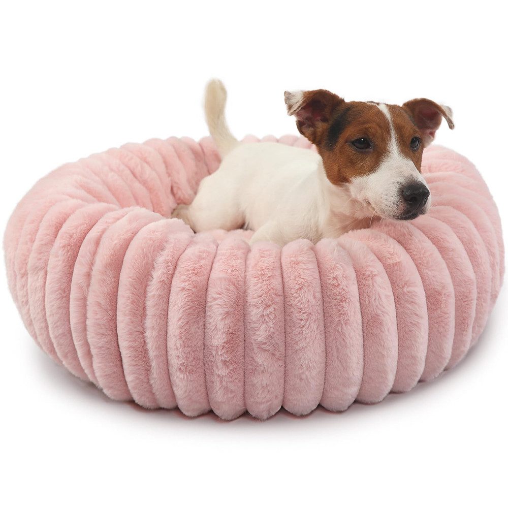 Ledander Tierbett Donut-Hundebett in mittlerer Größe, waschbar, flauschig,Hundekissen, aus Kunstfell mit Cord-Fleece-Futter und rutschfester Unterseite