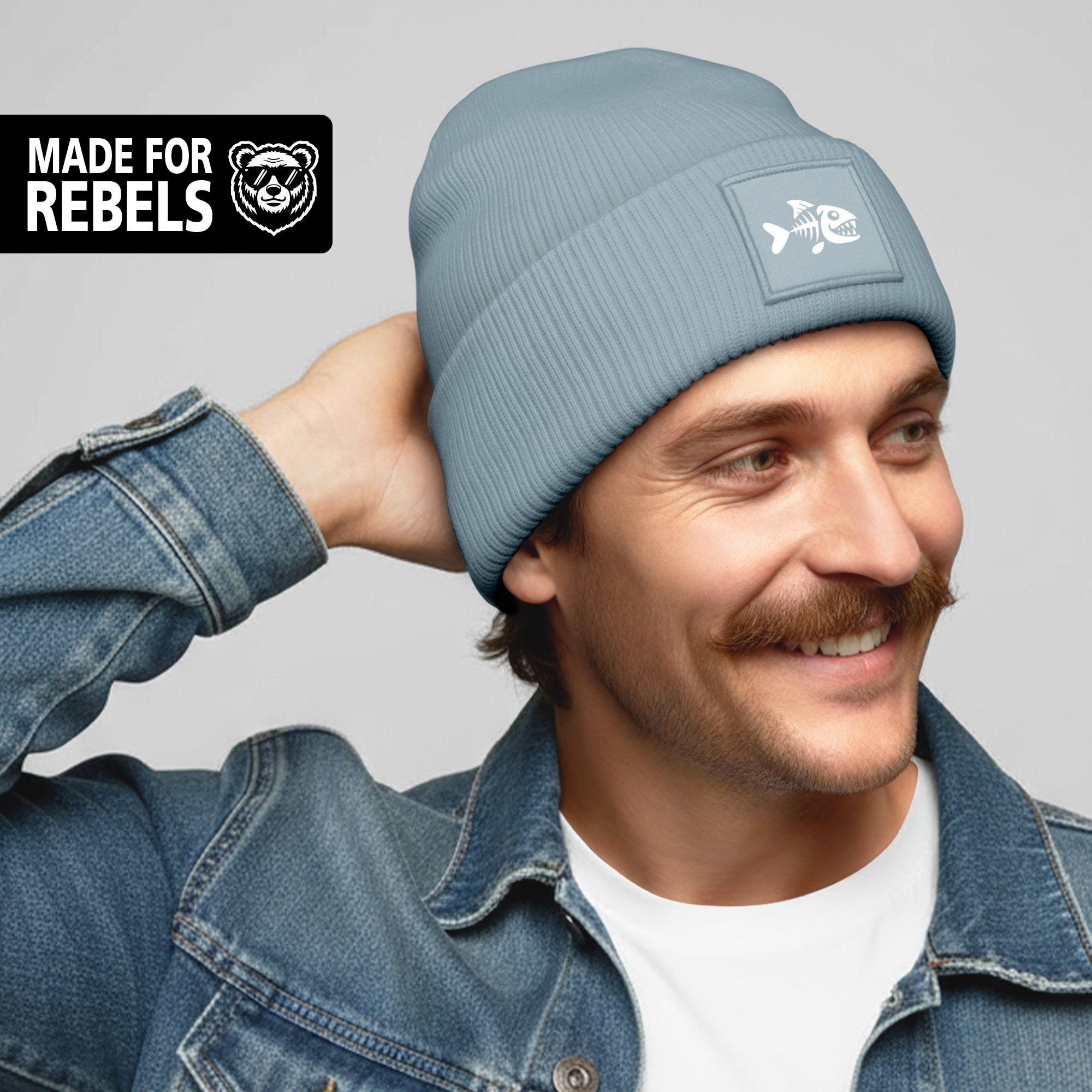 MoonWorks Strickmütze Herren Beanie Patch Piranha Grafik Print Lustig Wintermütze